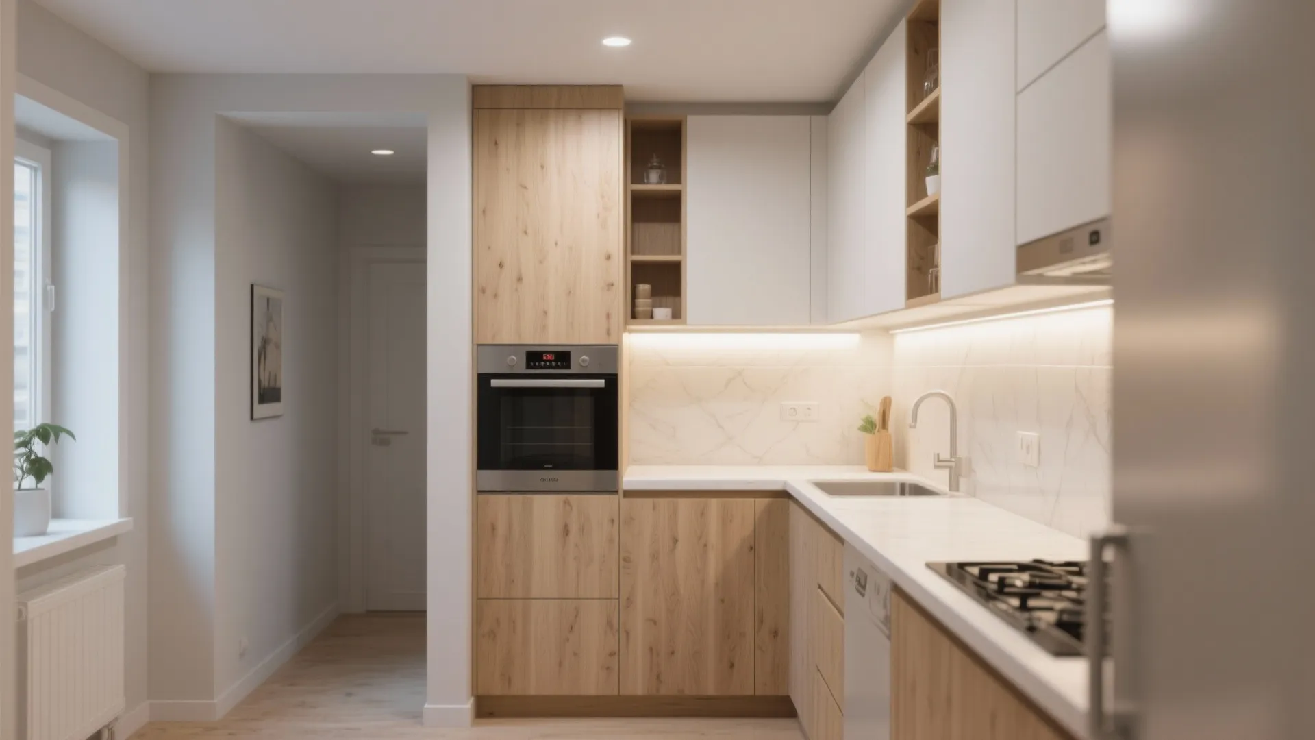 Compact L-shaped kitchen with wood and white cabinets built-in oven and warm under cabinet lighting