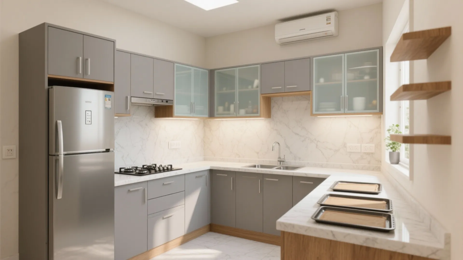 Modern L-shaped kitchen with grey cabinets, marble backsplash, silver fridge, and white countertop with stove