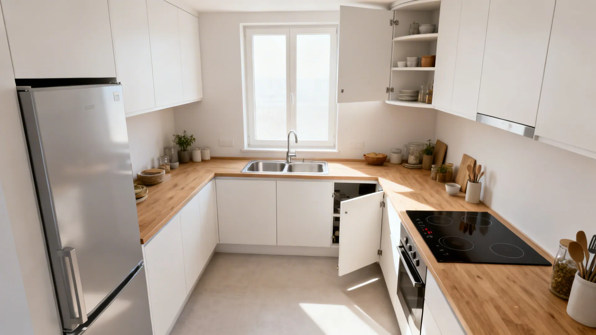 Compact L-shaped kitchen with clear aisle and a continuous prep run under soft daylight.