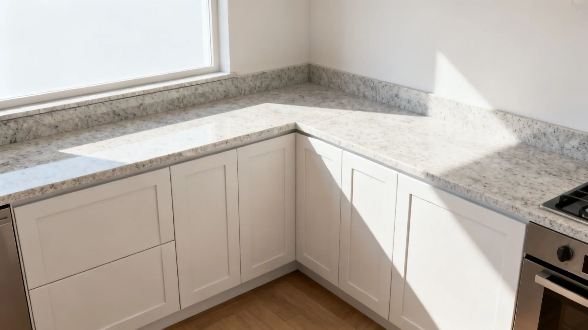 L-shaped kitchen with a continuous quartz counter and matching backsplash for cohesive lines.
