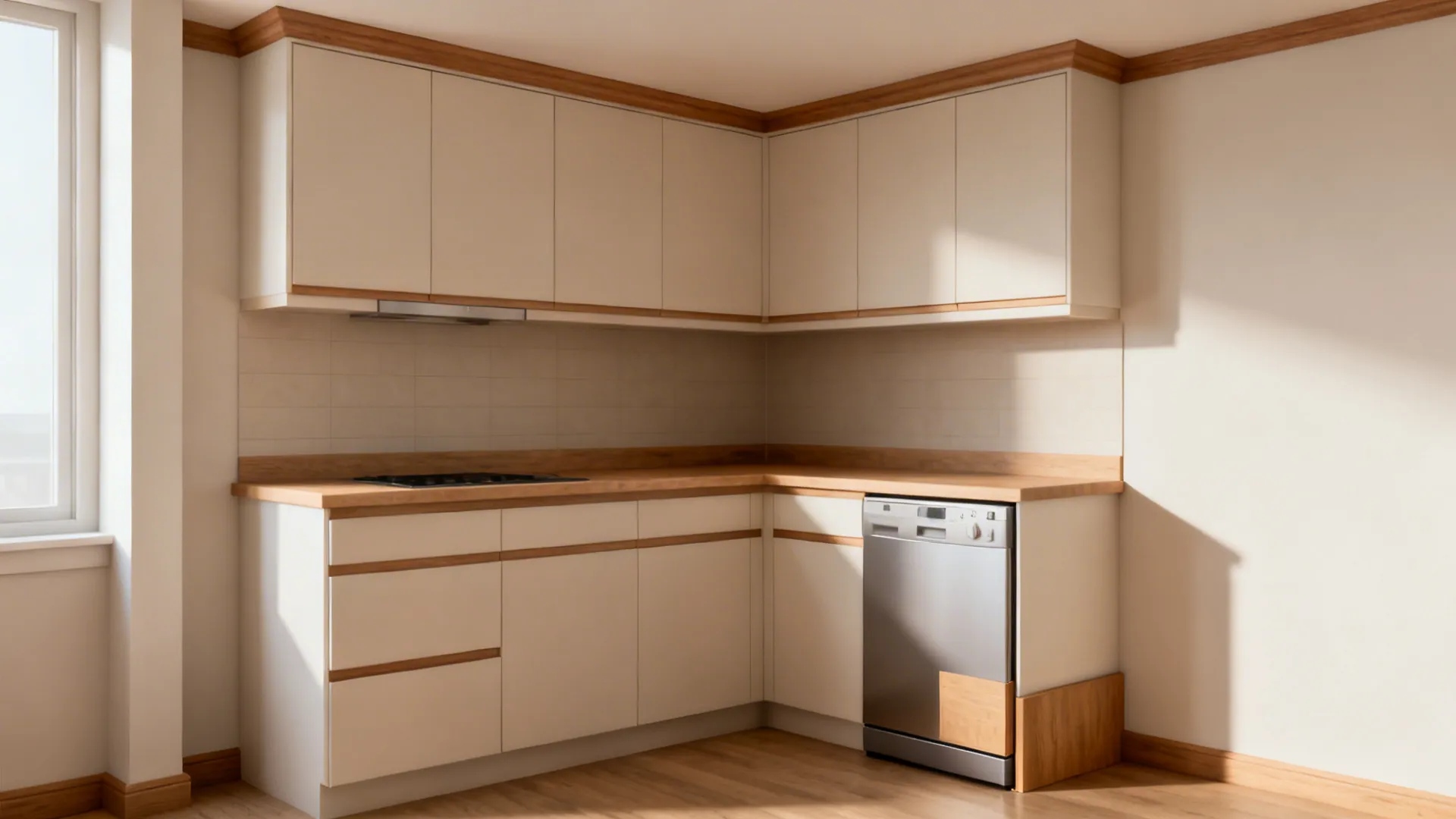 L-shaped kitchen layout featuring white cabinets with wood trim and integrated stainless steel dishwasher appliance