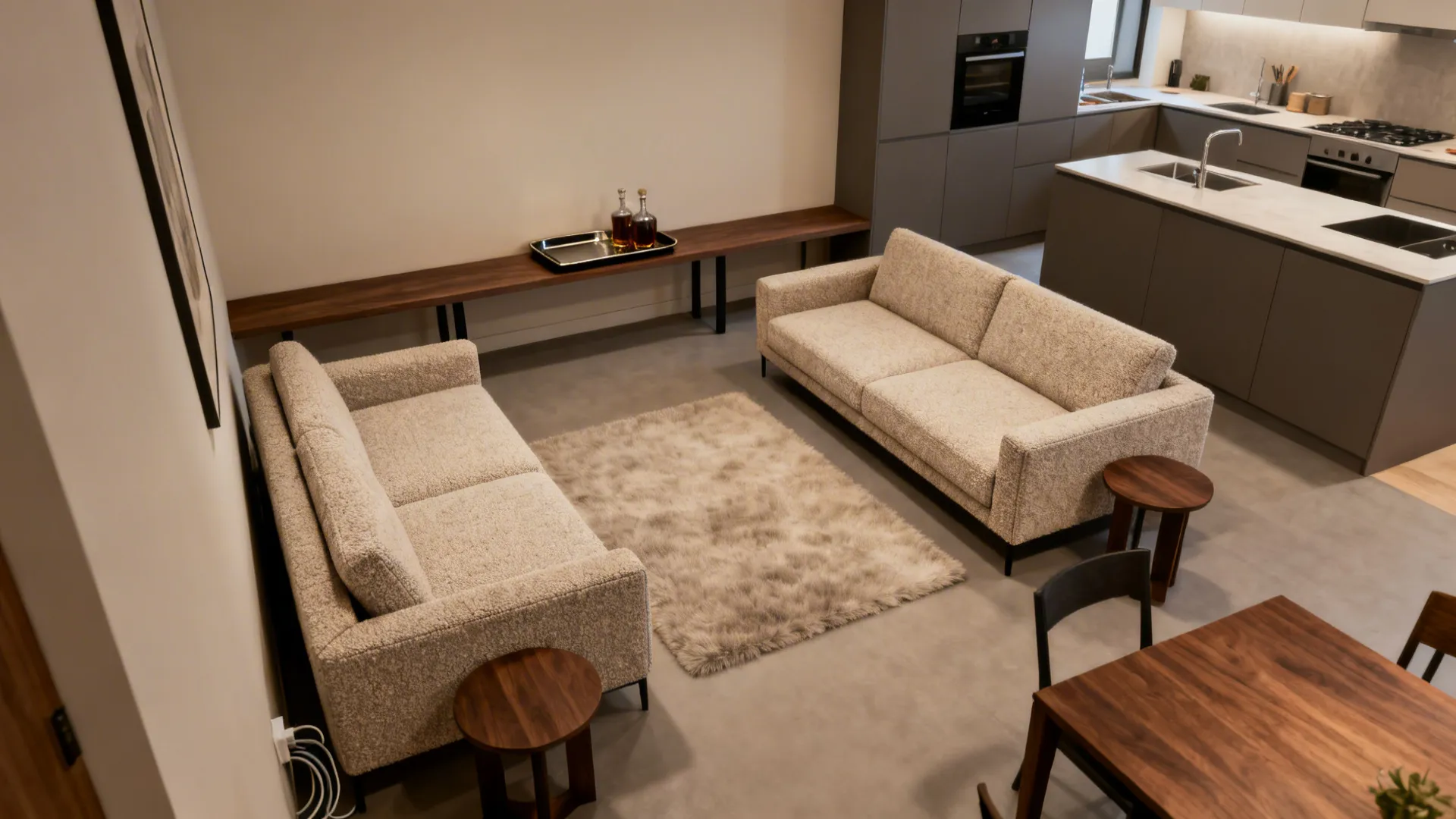 Top-down view of an L-shaped seating layout forming a clear conversation zone.