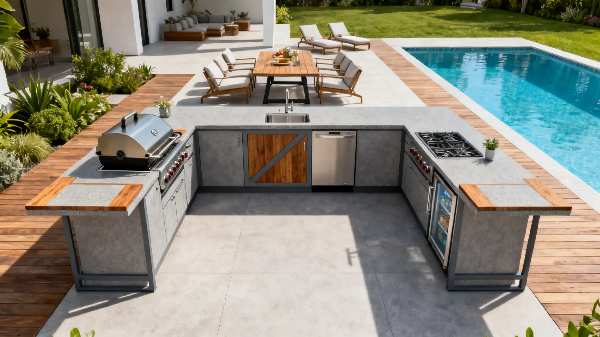 Modern grey outdoor kitchen featuring grill sink and stove with dining area and swimming pool