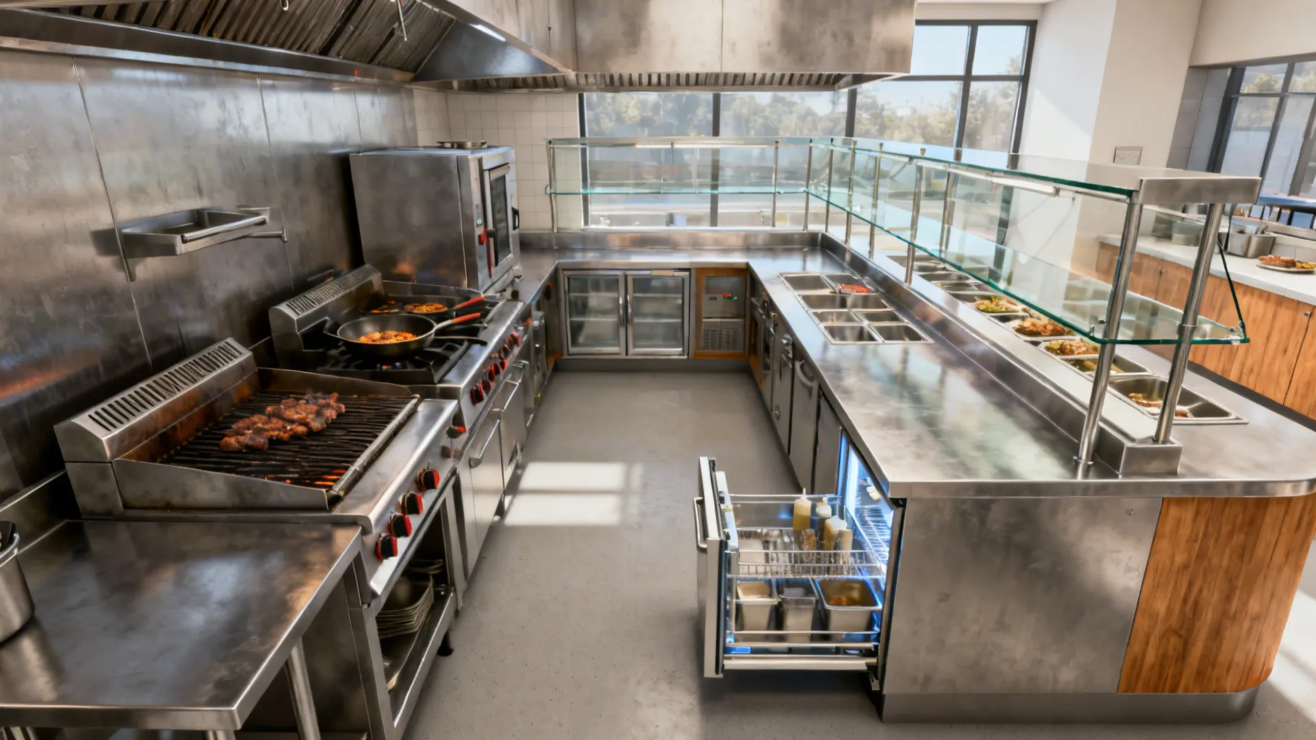 L-shaped restaurant cookline with hot side and a finishing pass, clear aisles, and corner prep drawer.