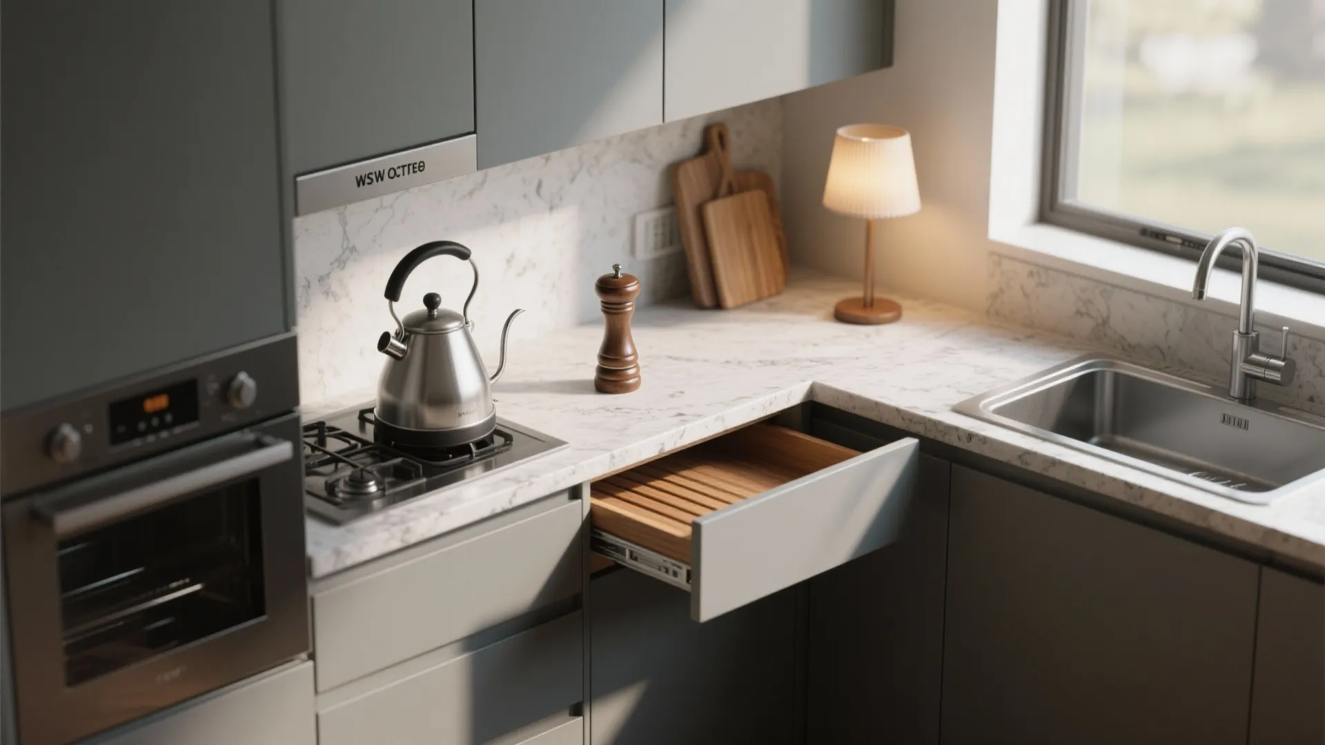 Modern kitchen with grey cabinets marble countertop open wooden drawer kettle small lamp and sink area
