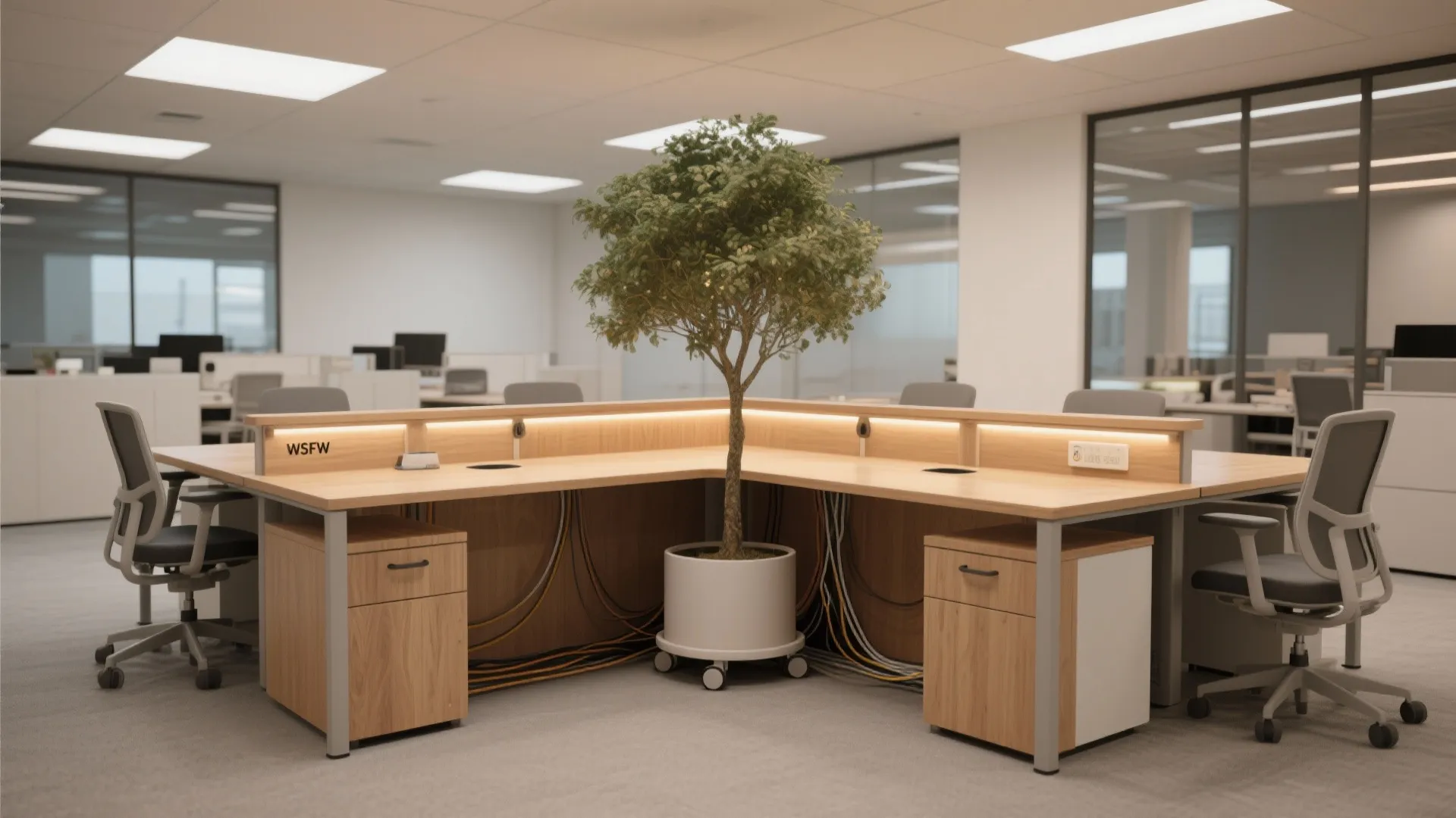 Modern office workspace with wooden desk green tree plant grey chairs and white wall lights