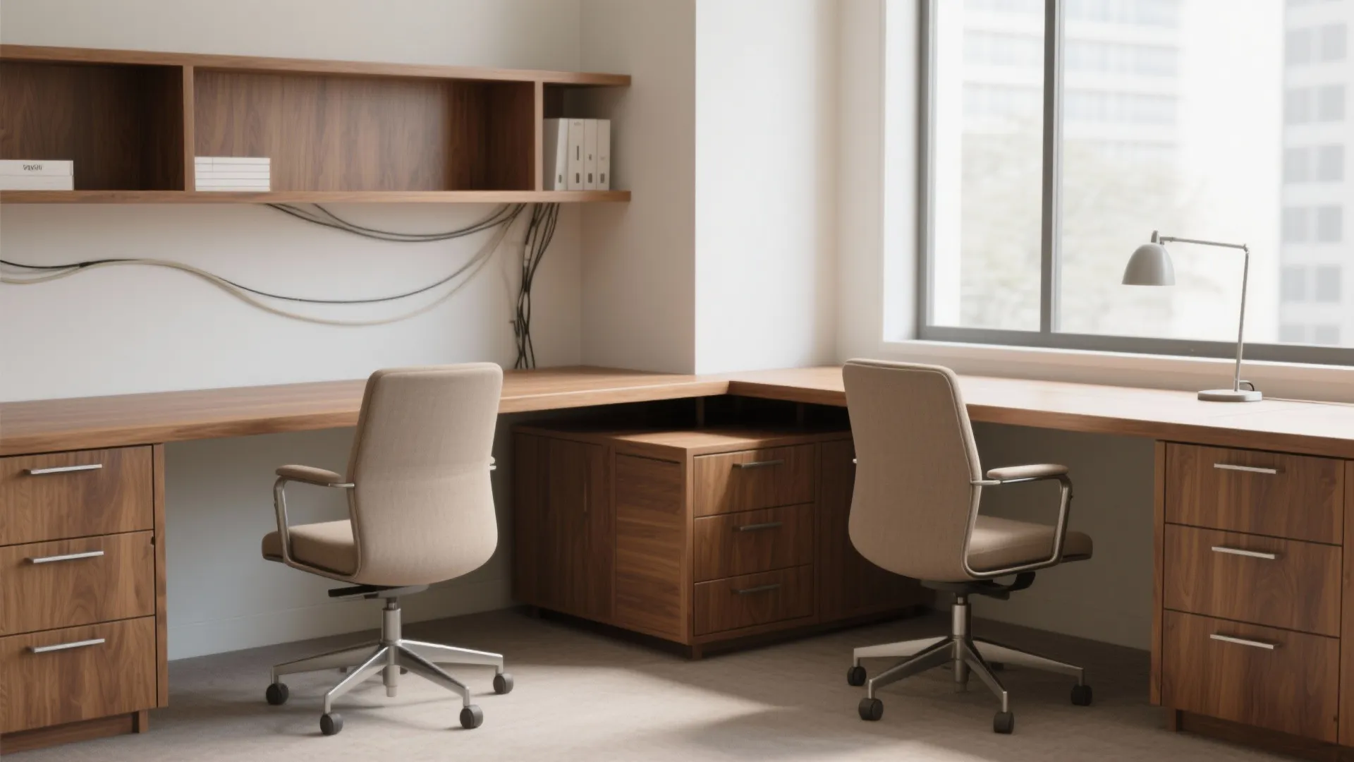 Modern office corner featuring L-shaped wooden desks with two tan chairs and a desk lamp
