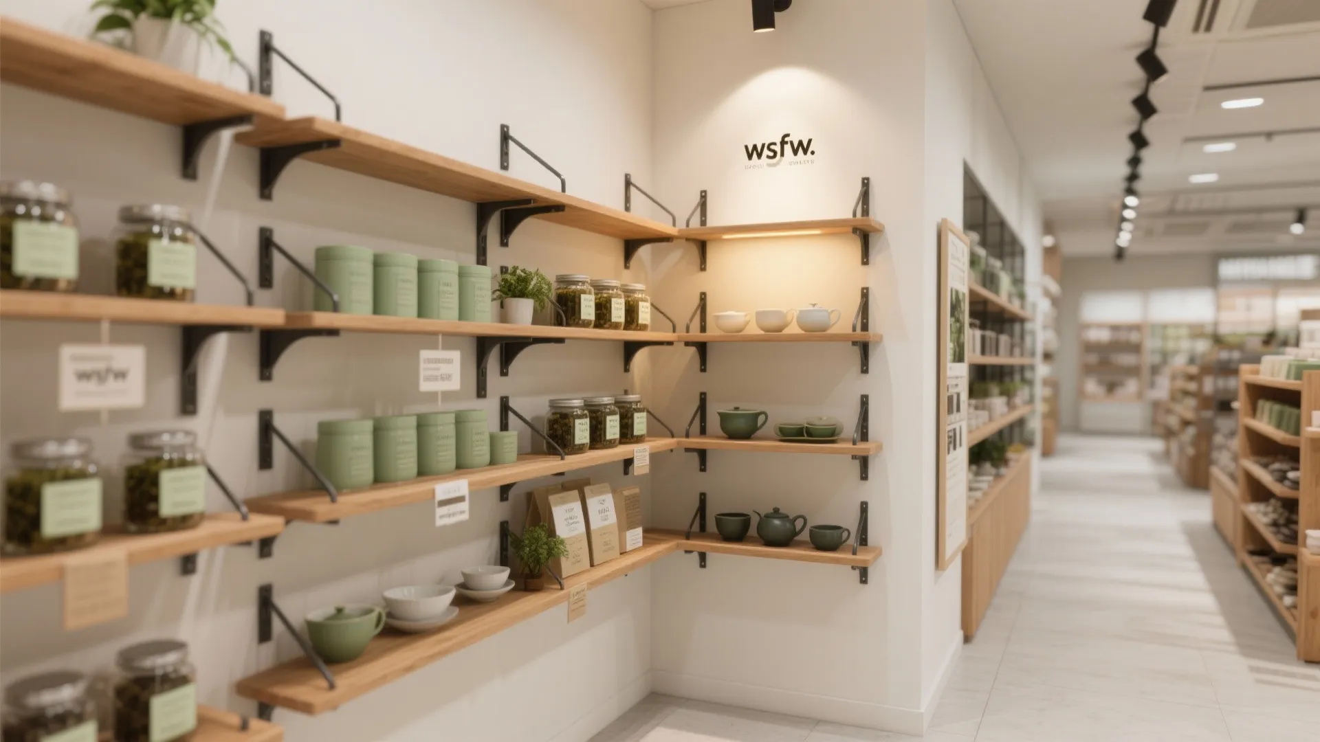 Retail store corner featuring wooden shelves with green tea jars and white ceramic tea sets
