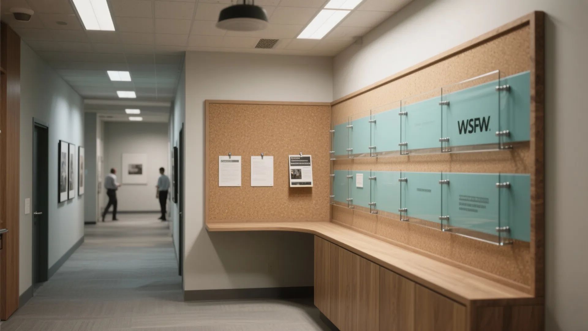 Modern office hallway featuring a wooden cabinet with a corkboard wall and blue glass signs