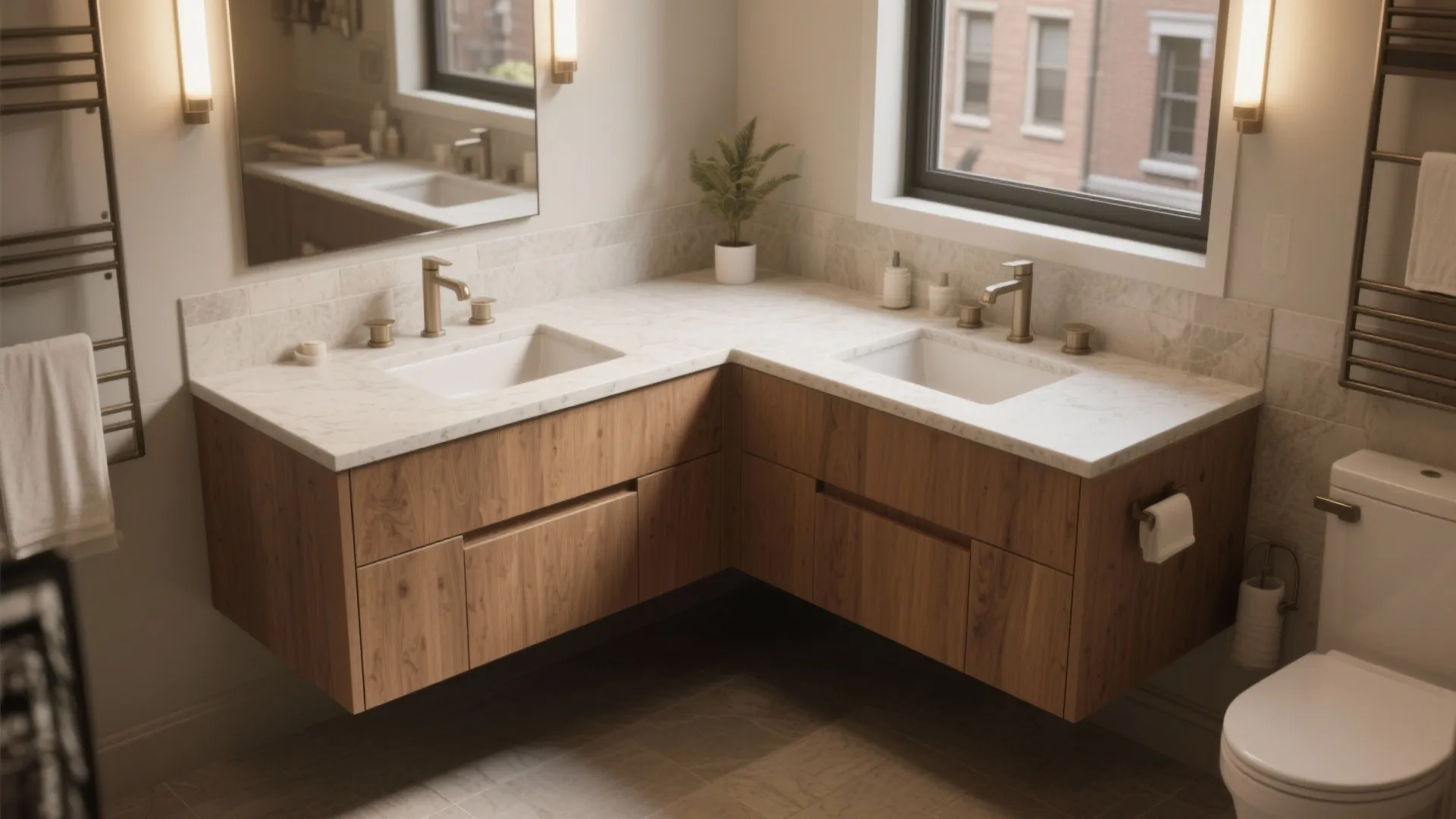 4. L-shaped or corner dual sink layout