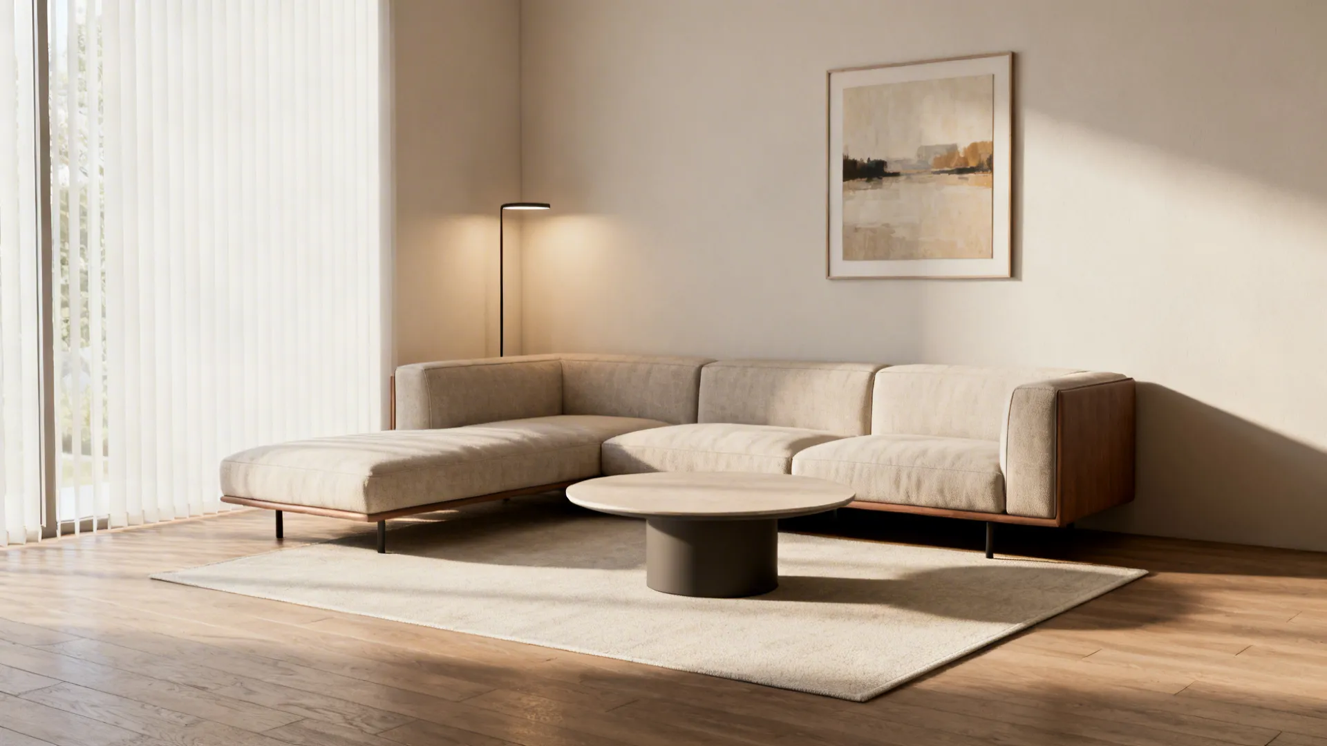 Compact L-shaped sectional in a corner with a round coffee table and slim floor lamp
