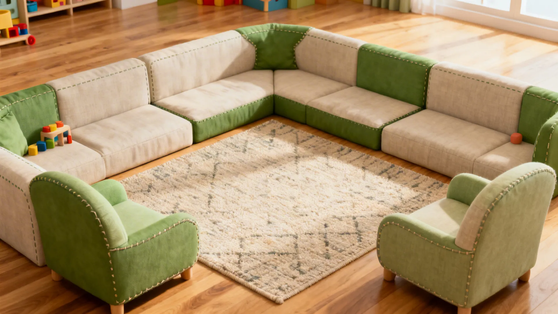 Large green and beige modular floor sofa arranged on a rug in a sunny playroom