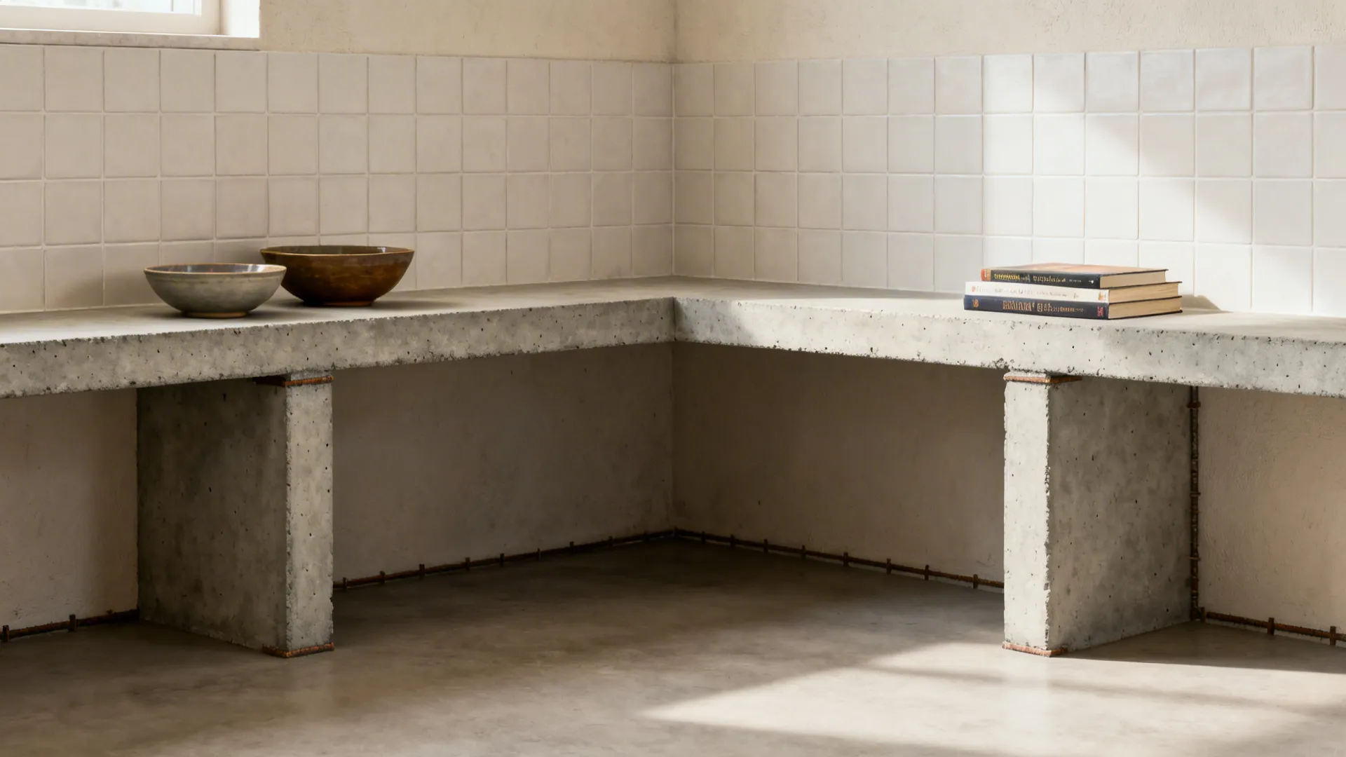 Corner kitchen with L-shaped concrete shelves bridging backsplash and a short return wall, neatly styled.