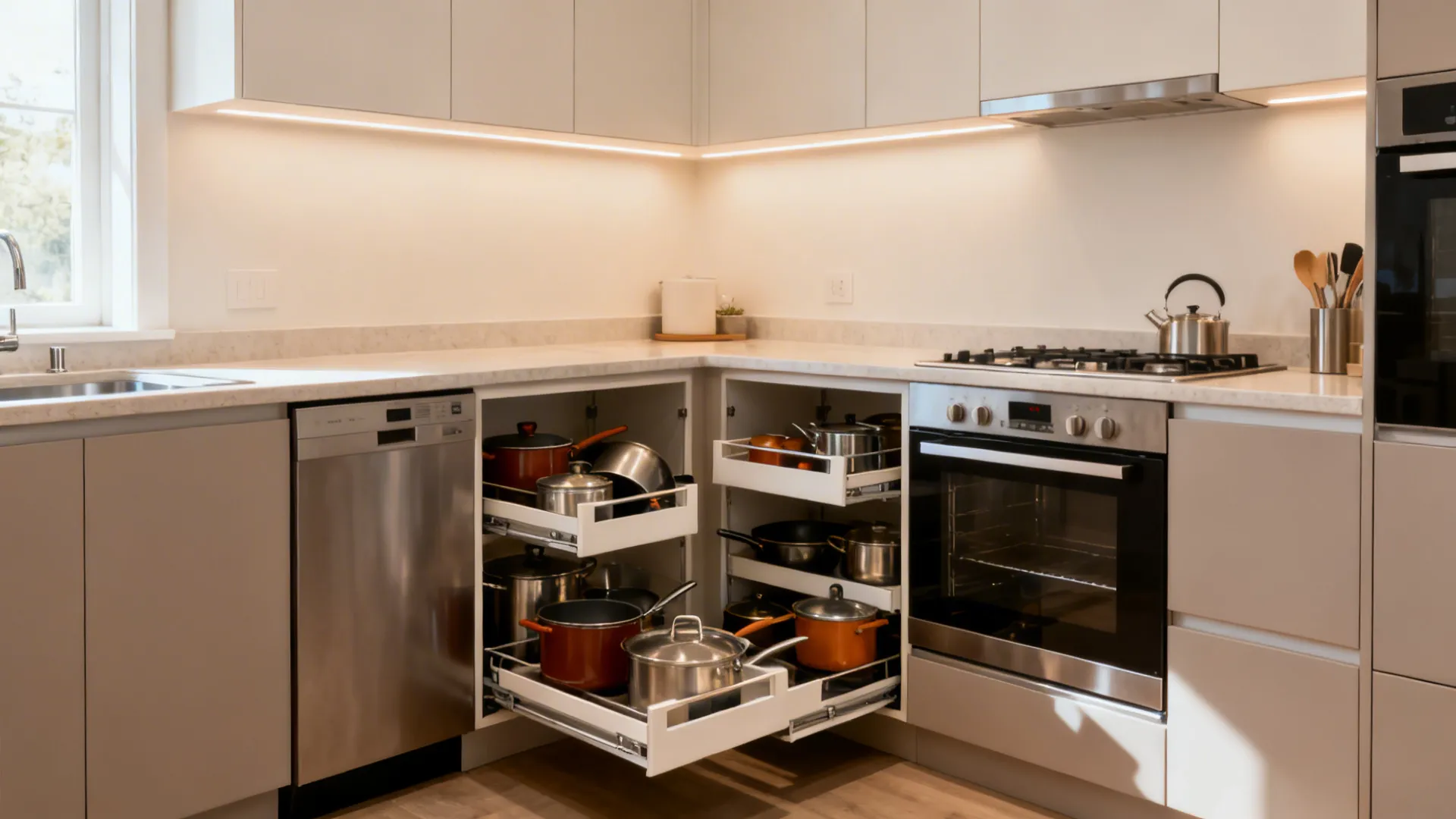 Compact L-shaped kitchen with a corner pull-out tray maximizing storage.