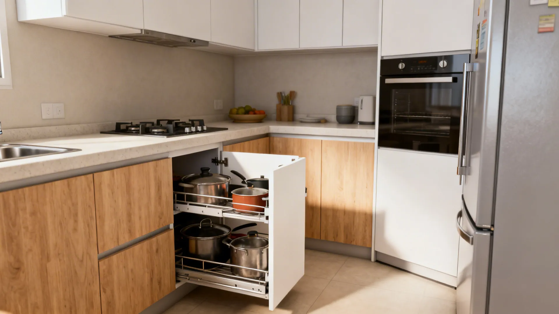 L-shaped compact kitchen with a corner pull-out tray extended for easy access.