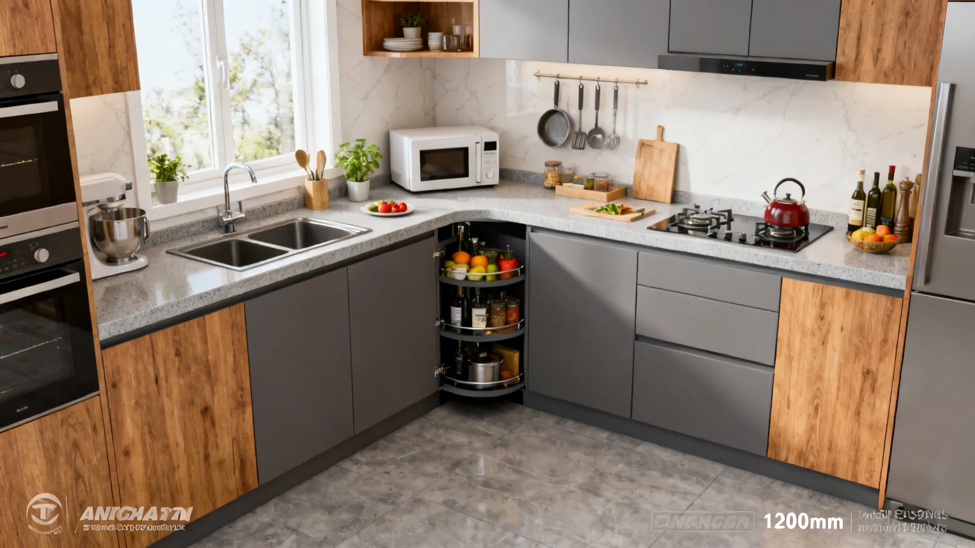 Compact L-shaped kitchen with corner carousel and continuous countertop, no upper cabinets.