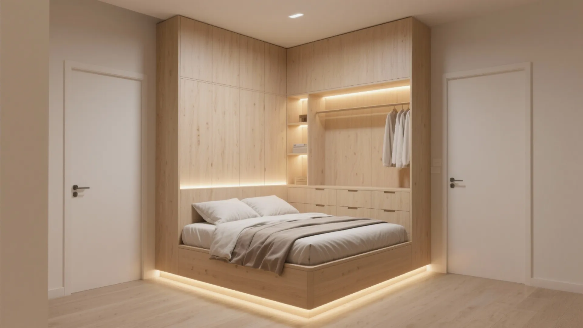 Minimalist light wood bedroom featuring built-in bed integrated into corner wall cabinet with warm lighting