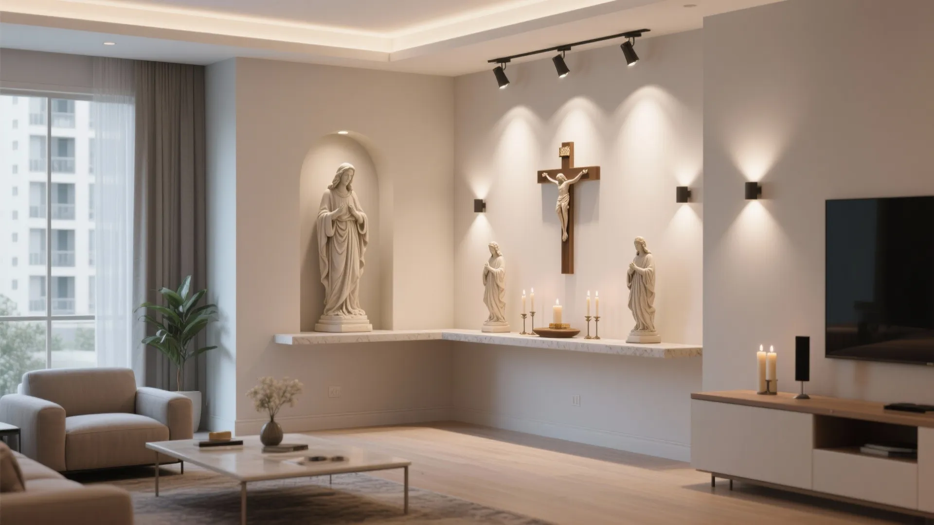 Bright corner living room with wall lights religious statues a wall cross and marble shelf