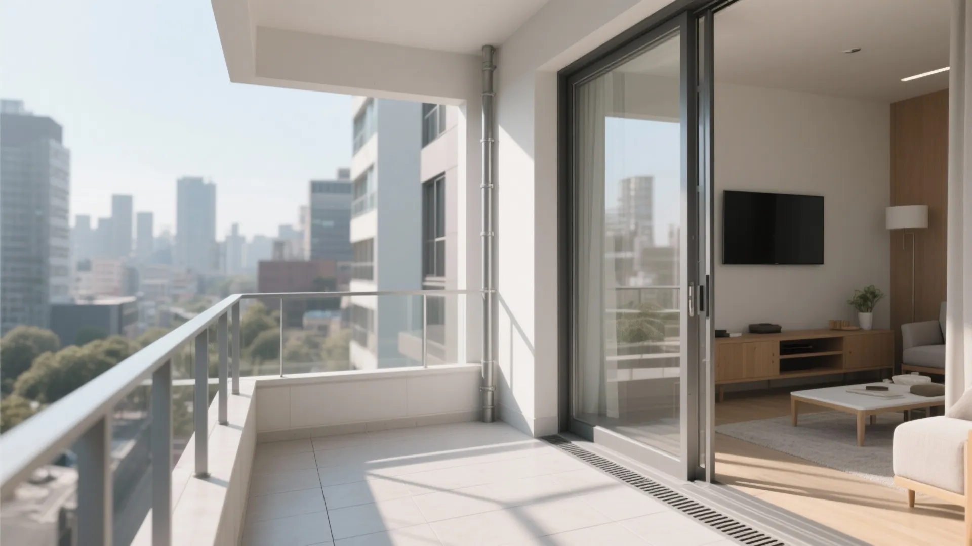 L-shaped corner balcony to extend a compact living room