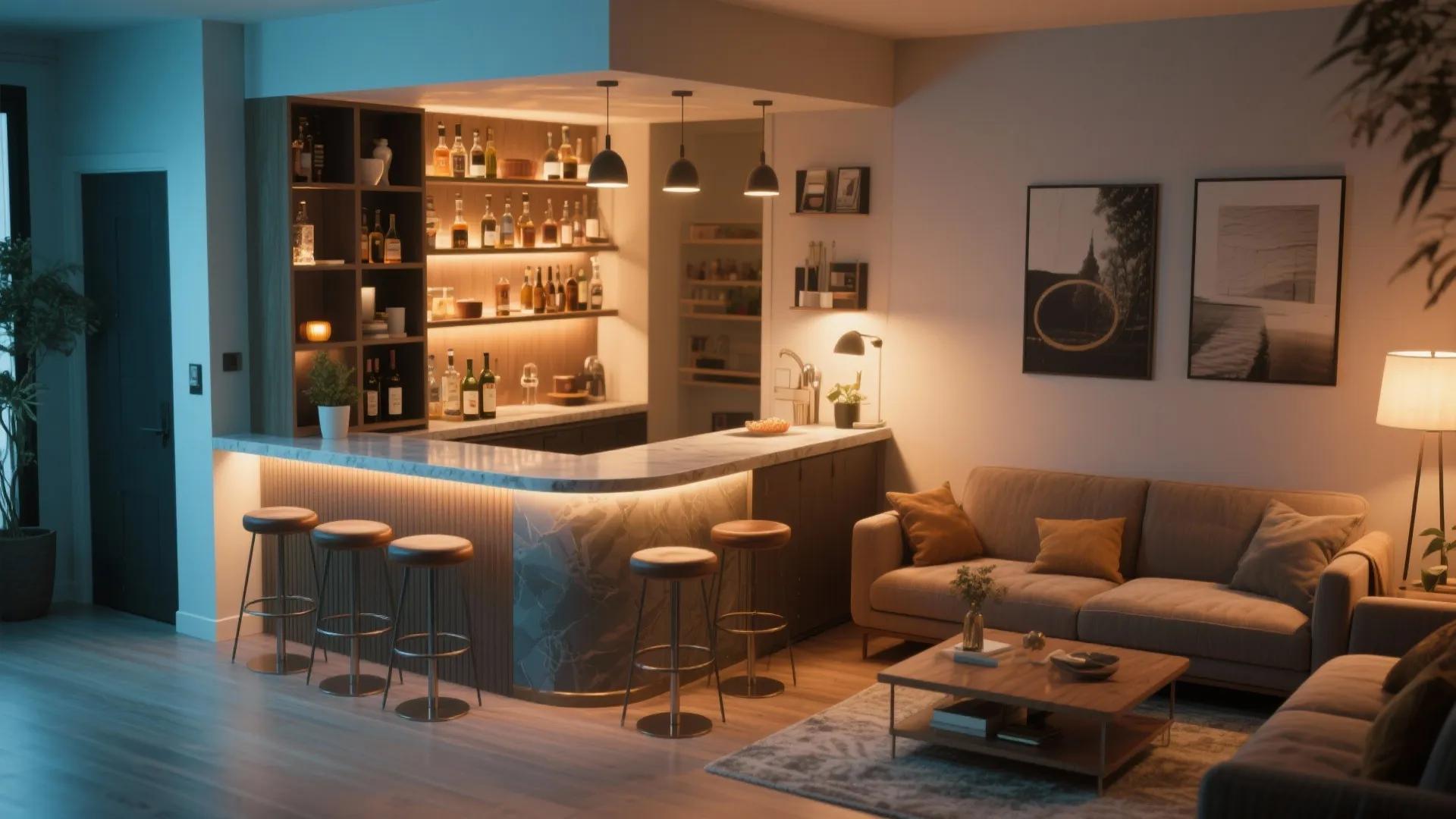 L shaped marble bar counter with wooden stools near a sofa in a modern apartment interior