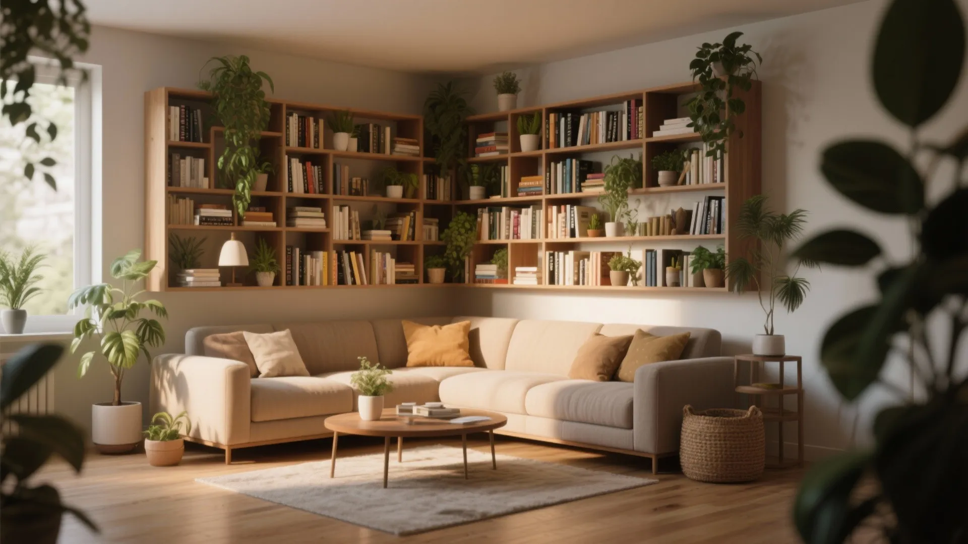 L-shaped corner bookcase filled with books and plants