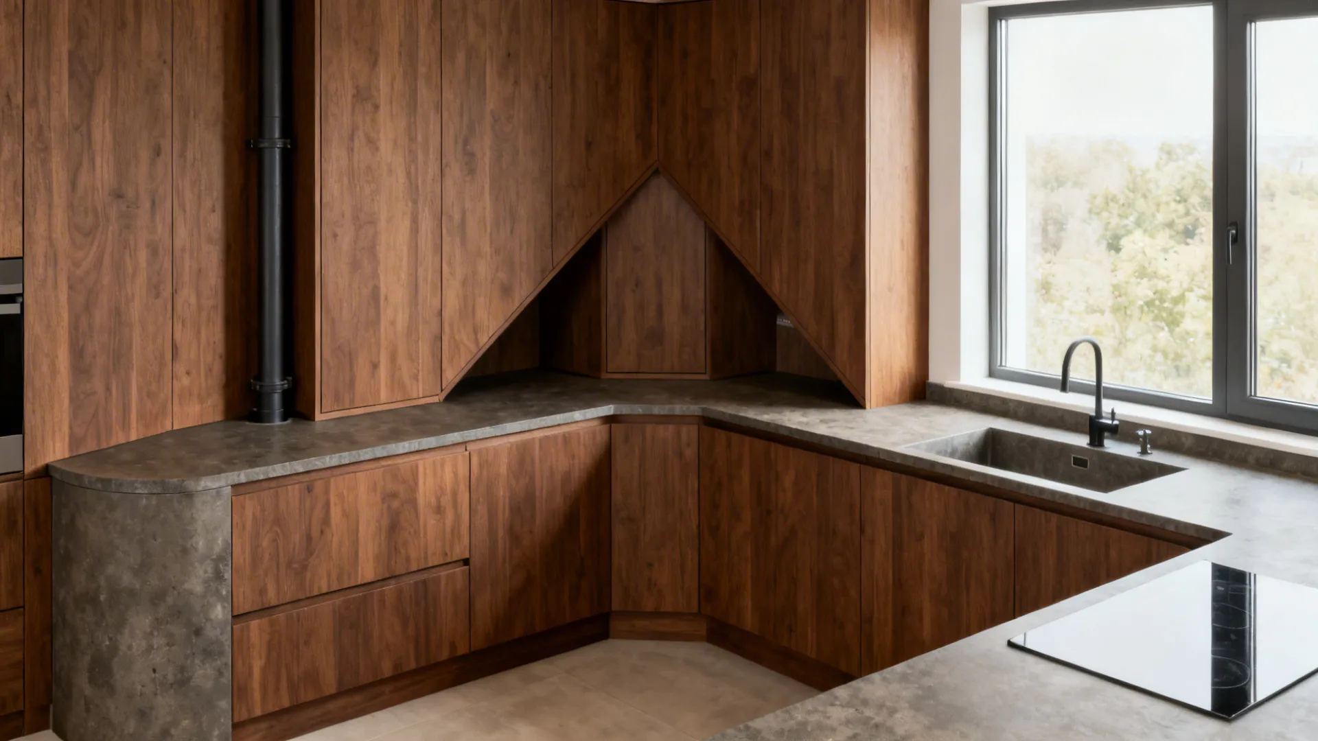 Modern kitchen corner with dark wood cabinets grey countertop sink with black faucet and window