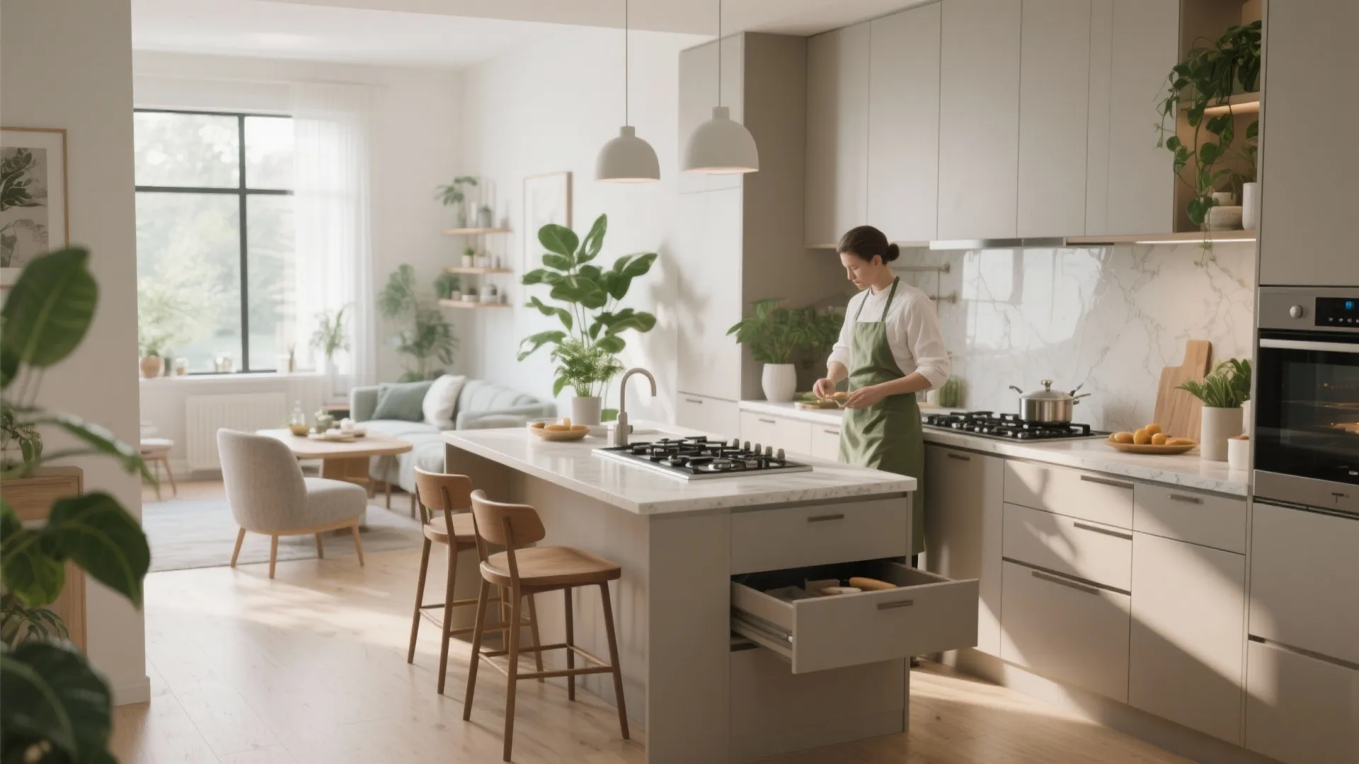 Modern open kitchen with island white cabinets green plants and a woman cooking near oven