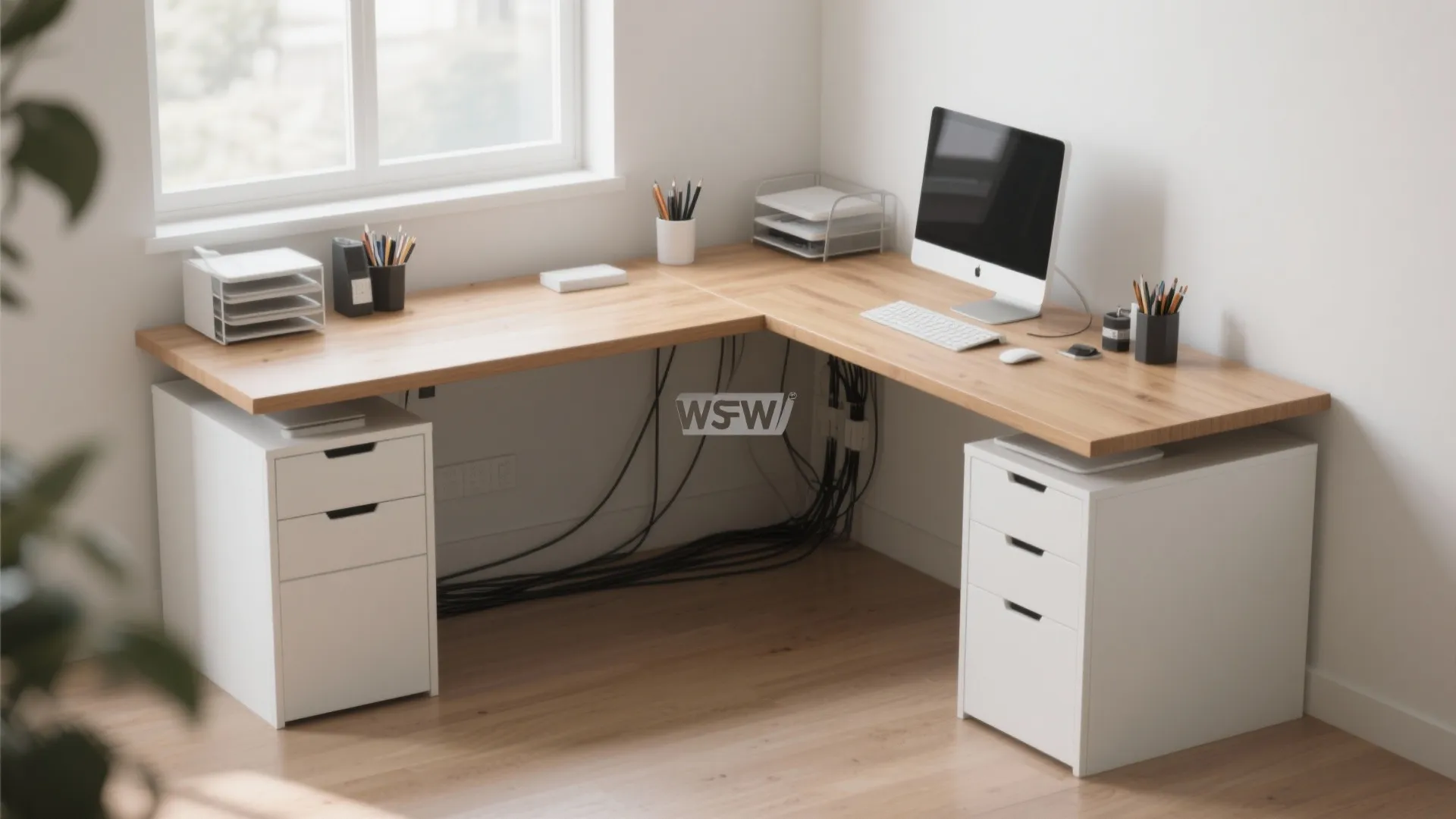 Modern wooden L-shaped corner desk with computer white storage cabinets and window in home office