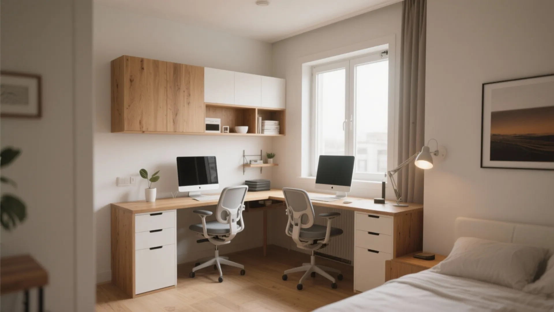 L-shaped wooden corner desk with two computer screens two office chairs and white wall cabinets