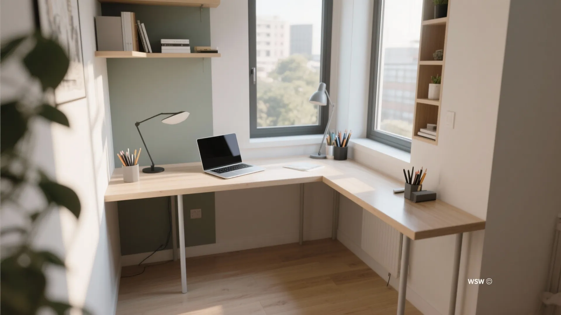 Modern light wood corner desk with laptop and black table lamp near a large window