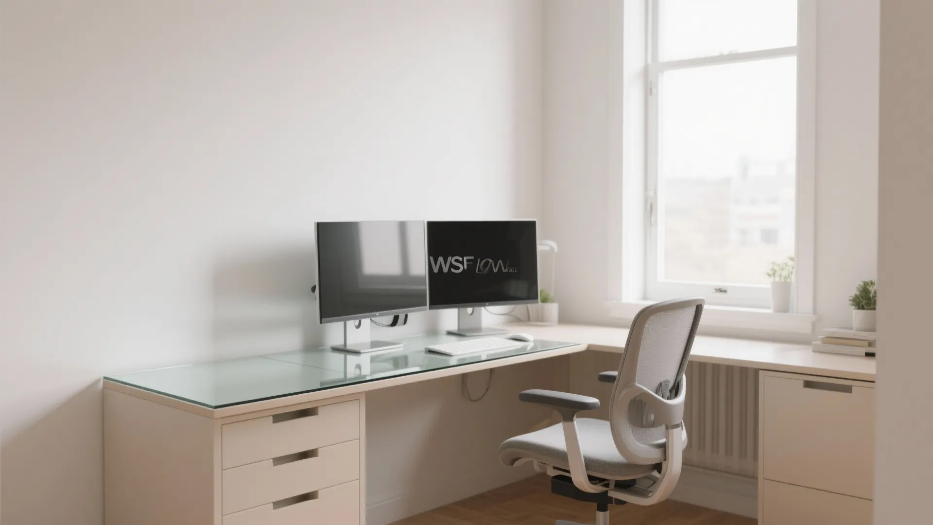 Bright home office with modern L-shaped glass-top desk