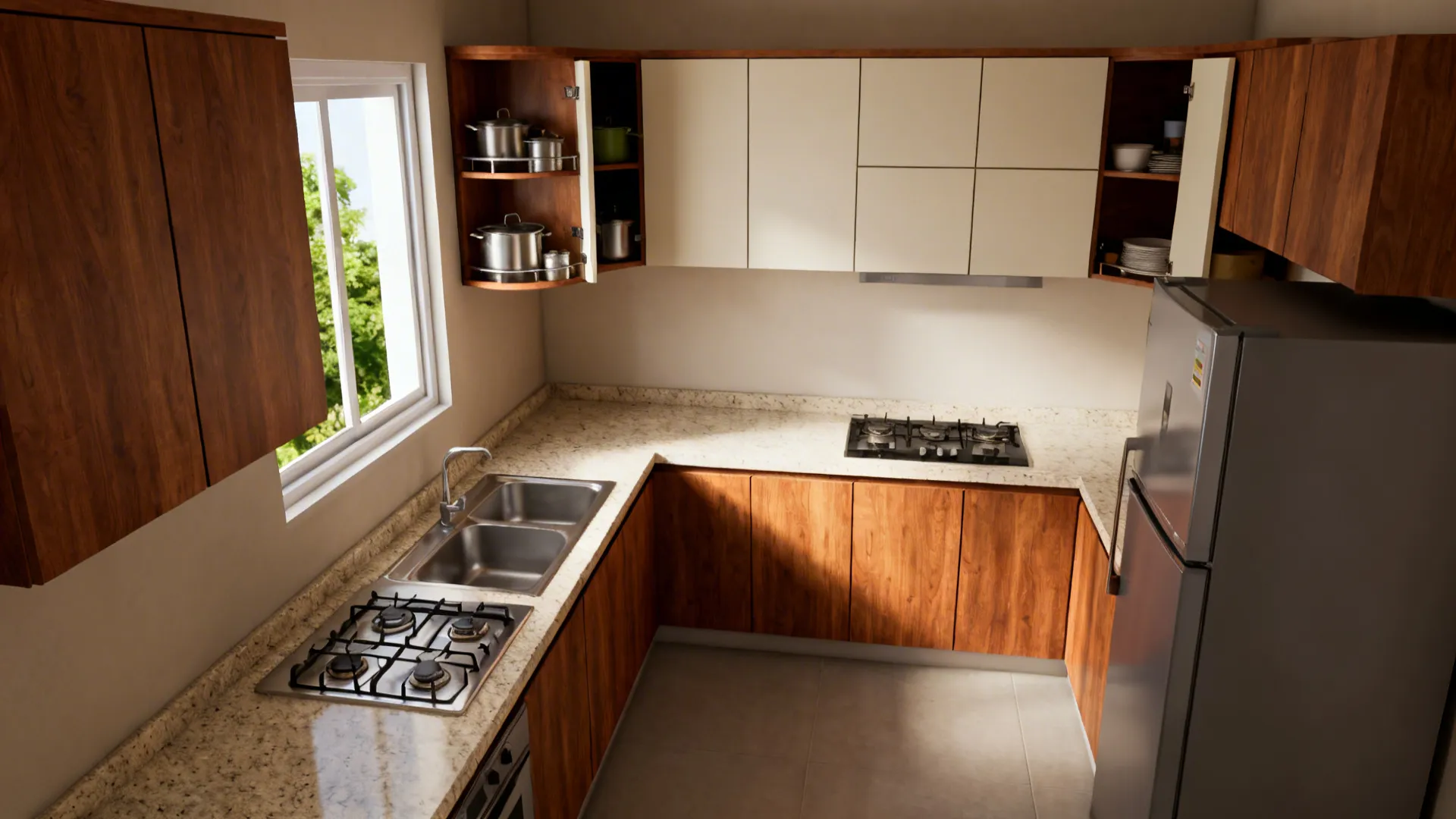Compact L-shaped Tamilnadu kitchen with corner carousel, clear work zones, and warm wood accents.