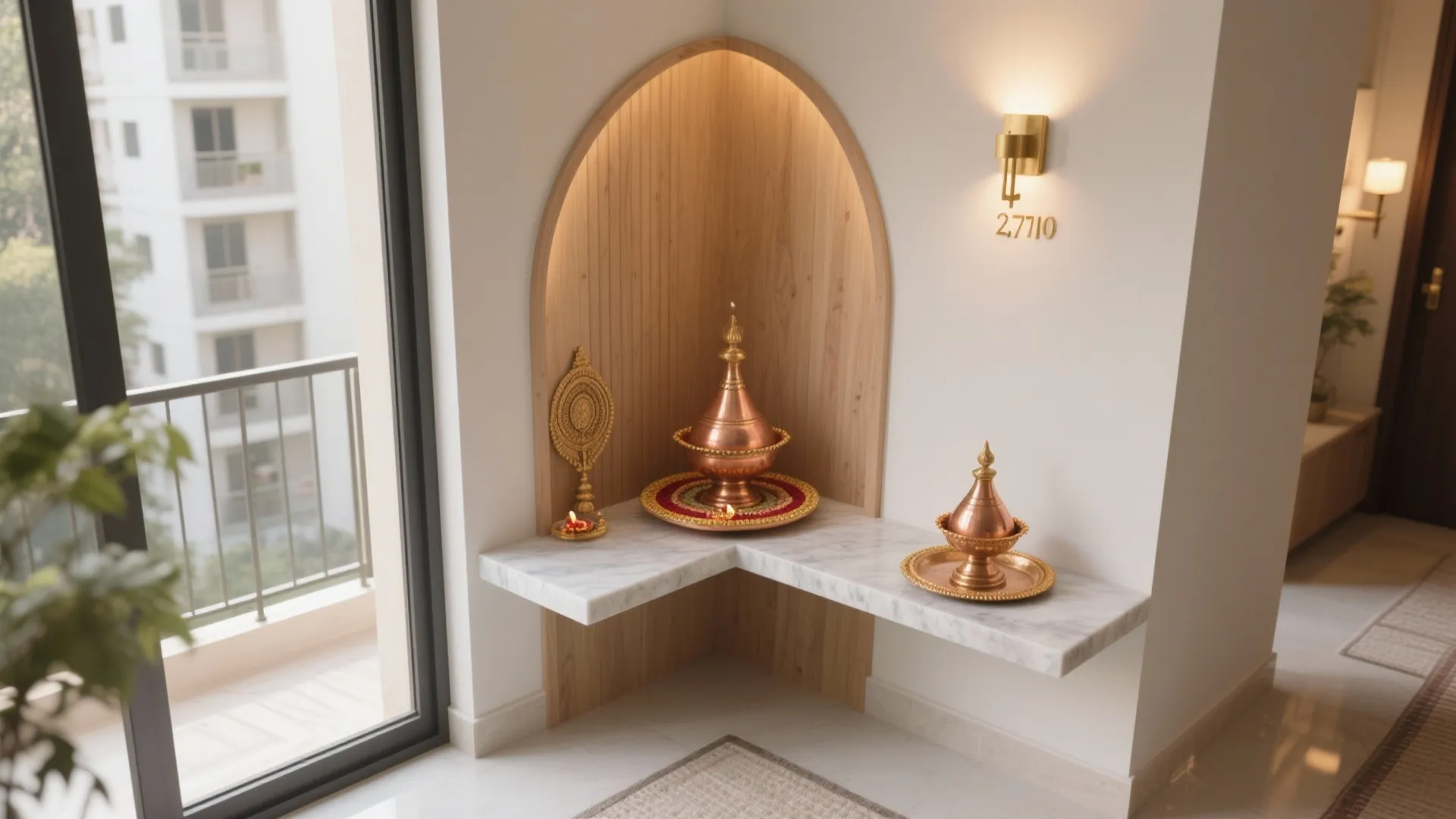 L-shaped corner mandir with quartz ledge, side shelf for kalash, and warm sconce lighting.