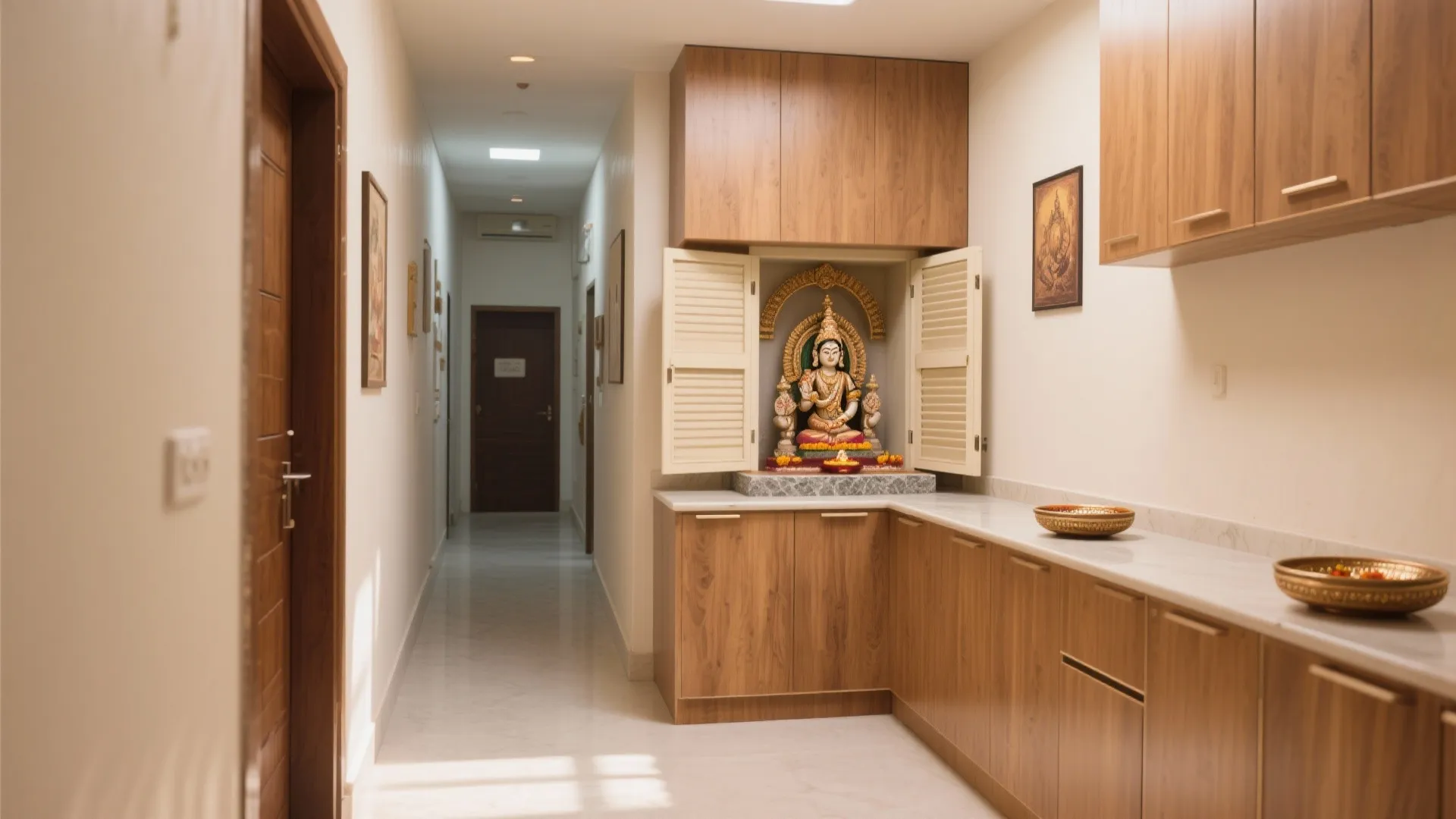 L-shaped corner mandir with overhead shutters, stone tray, and warm wood tones in a narrow hall.