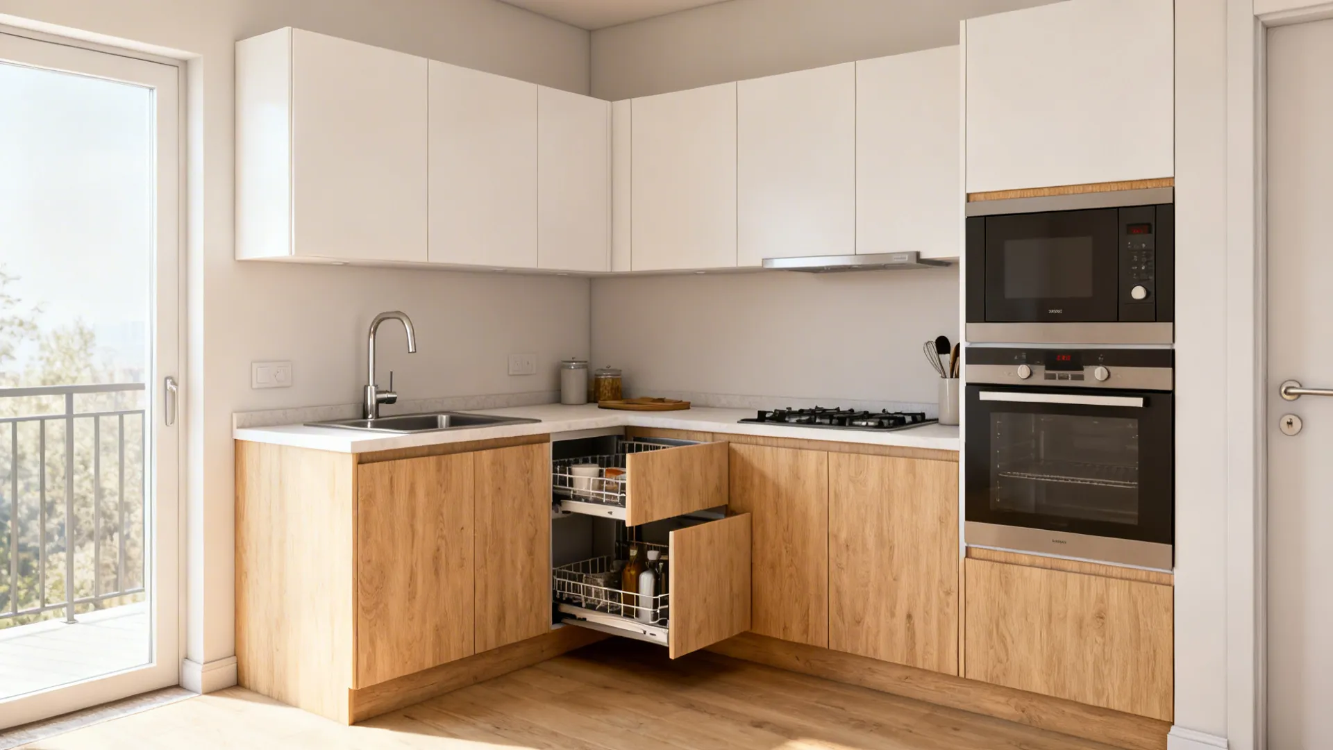 L-shaped small kitchen showing optimized corners and clear work triangle.