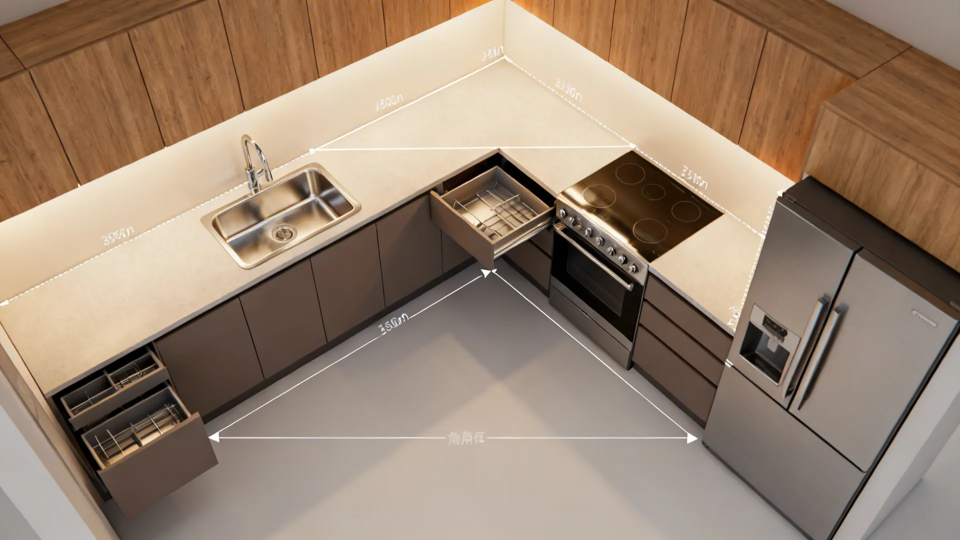 Top-down view of L-shaped kitchen with blind-corner pull-out and centered sink.