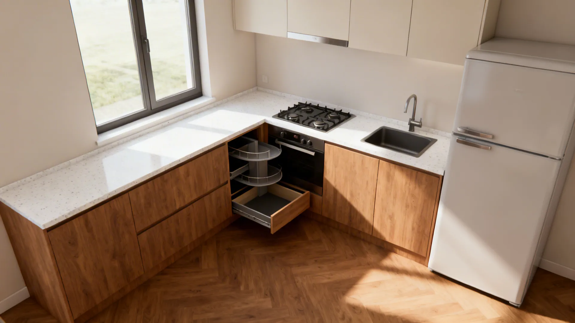 Small L-shaped kitchen with continuous countertop and a corner carousel accessory.