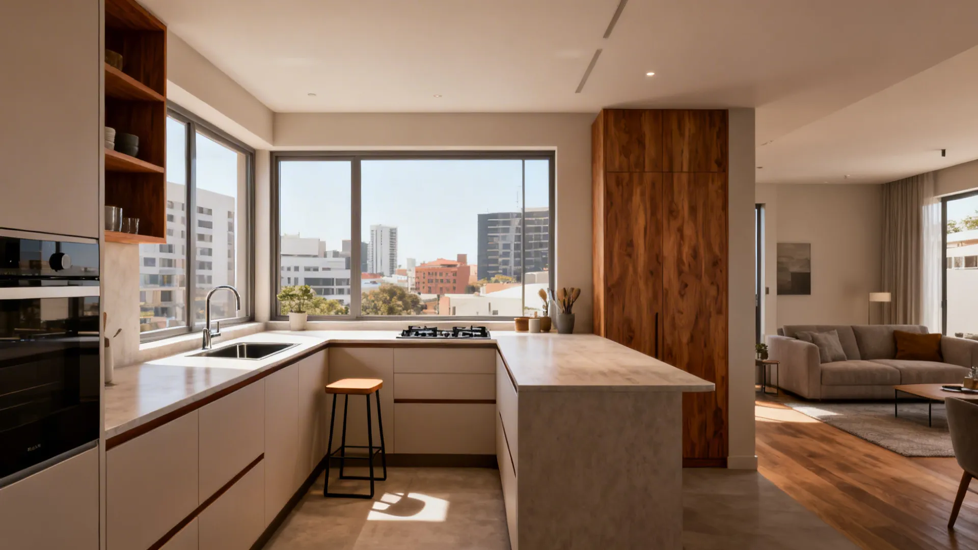 L-shaped compact kitchen with a corner breakfast perch by the window and continuous counters.