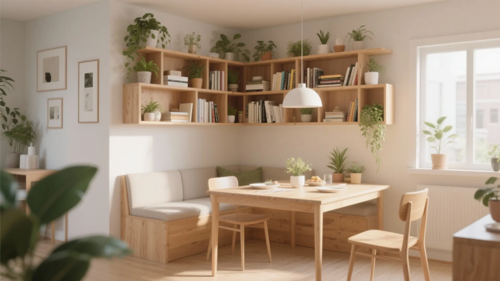 Bright dining area with wooden corner shelves holding books and plants above a small table