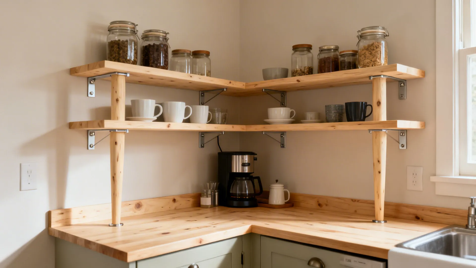 Birch L-shaped corner shelves holding jars and a compact coffee setup in a small kitchen.
