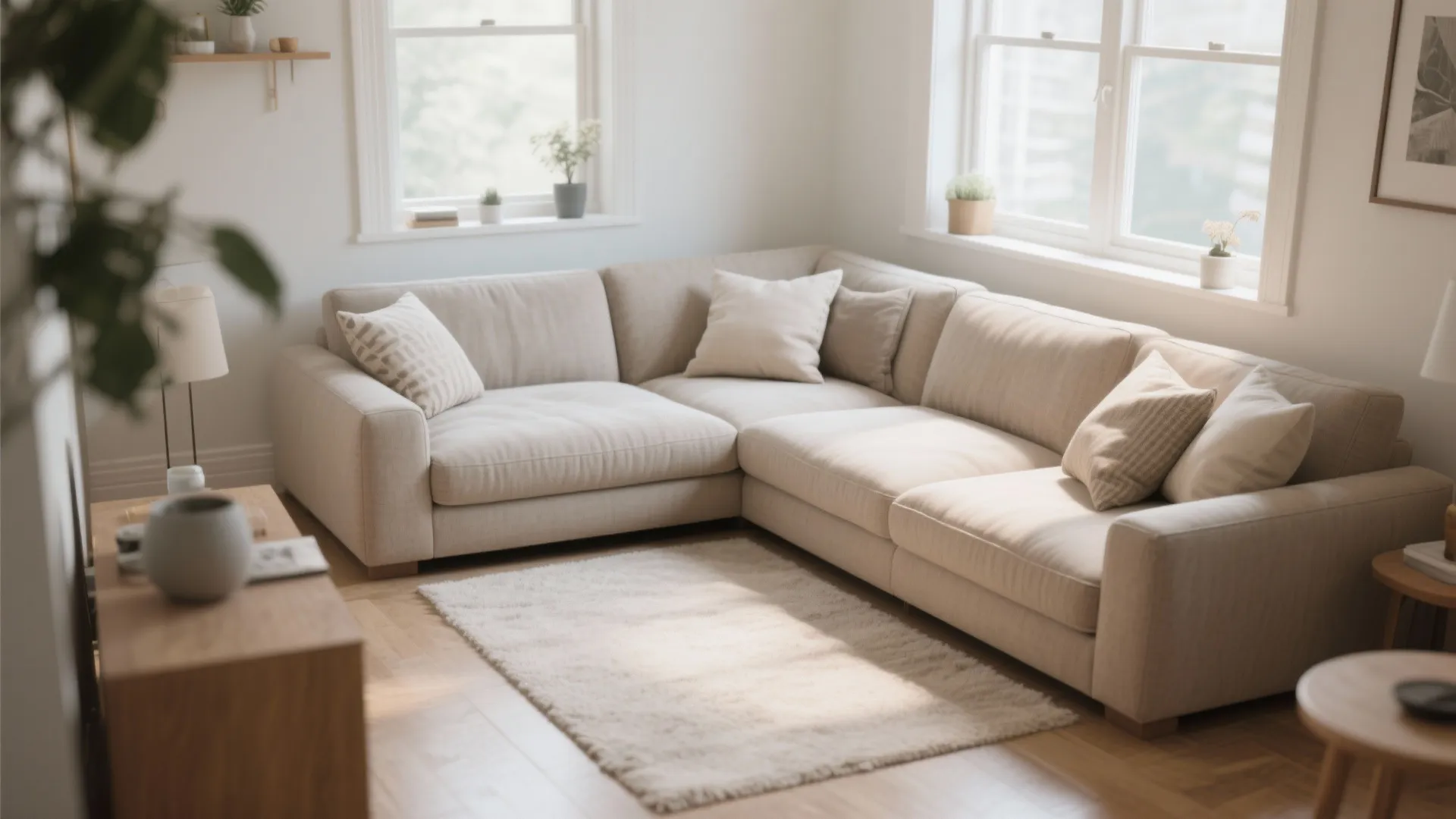Small living room with cozy L-shaped sectional in the corner