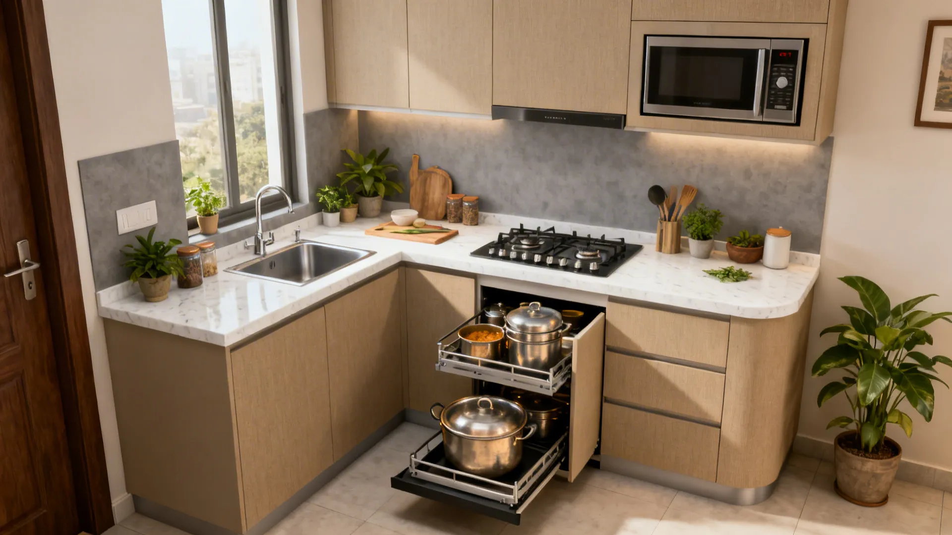 Compact L-shaped Indian kitchen with LeMans corner and wall-mounted microwave.