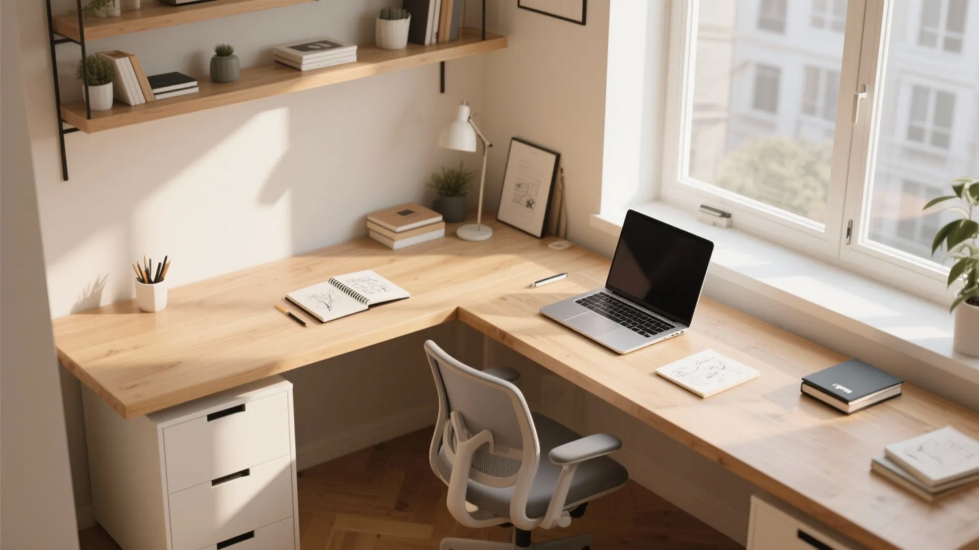 Corner wooden desk in a home office with a laptop notebook and white storage cabinet