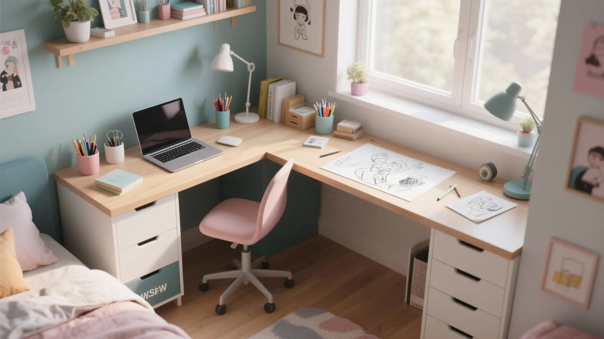 L-shaped study table making use of corner space in small bedroom