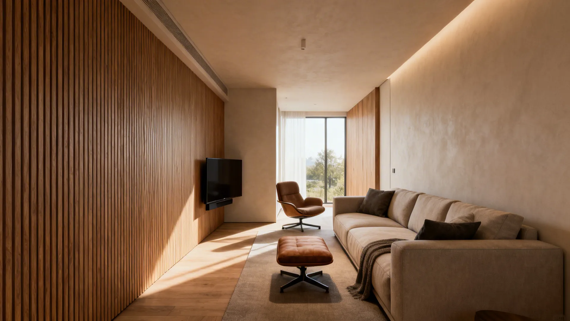 Narrow living room with L-shaped sofa and corner-mounted TV creating multiple comfortable viewing spots.