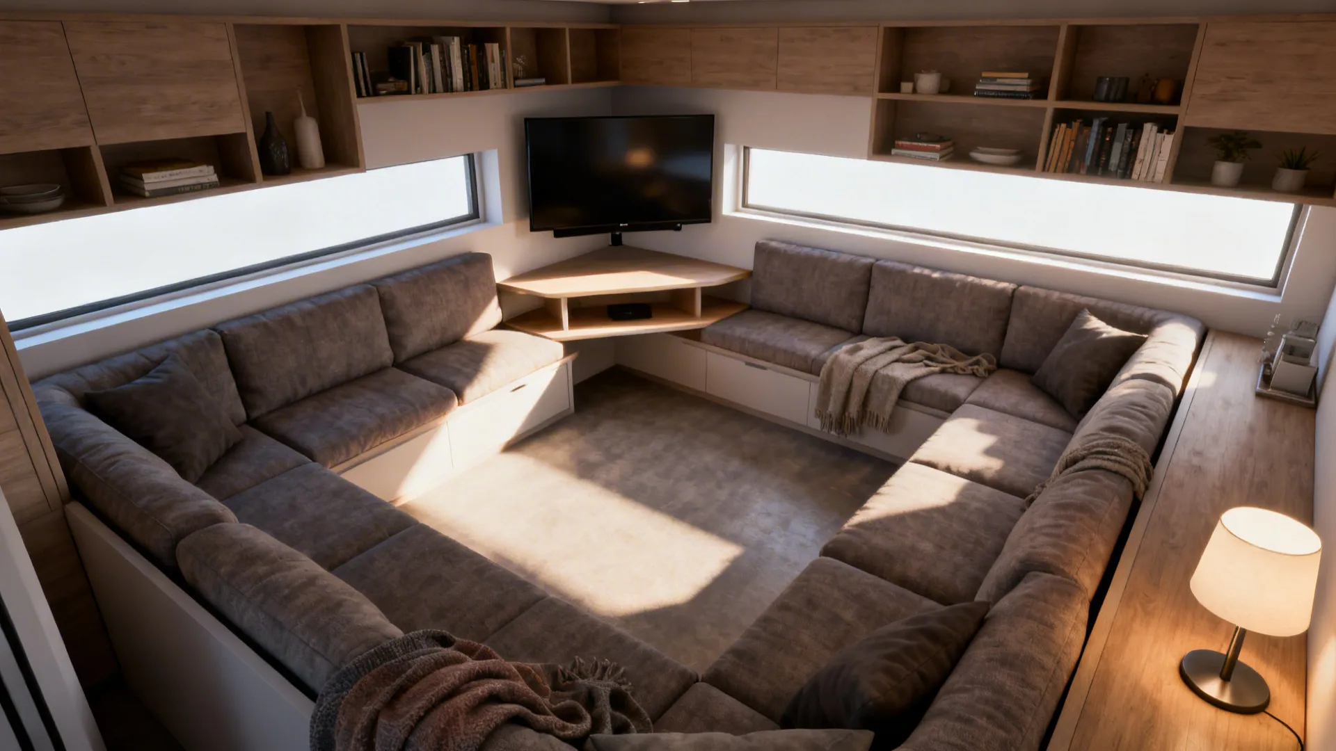 Small living area with L-shaped sofa around a corner-mounted TV and a floating shelf below.