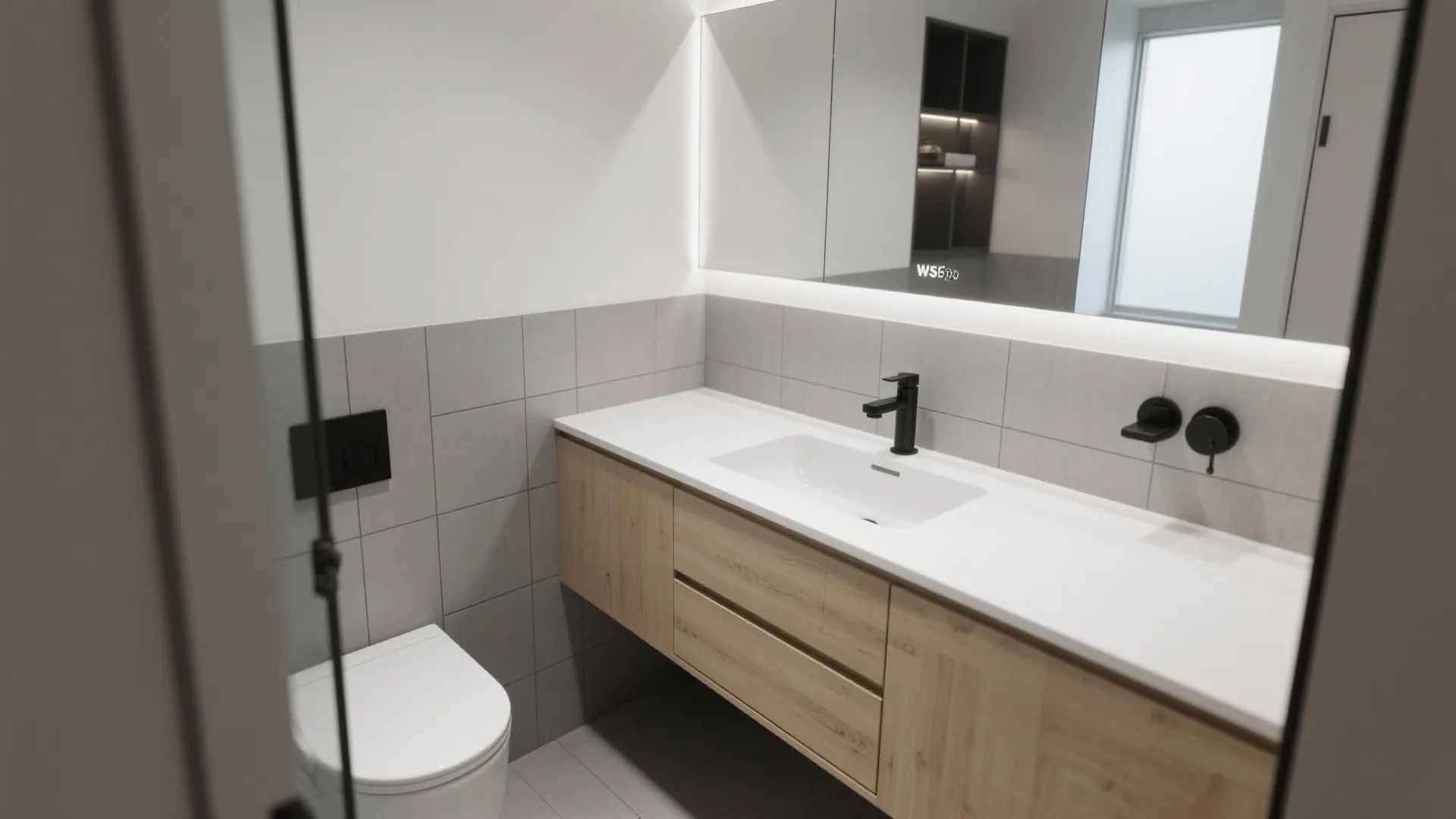 3) L-shaped corner vanity to open floor flow