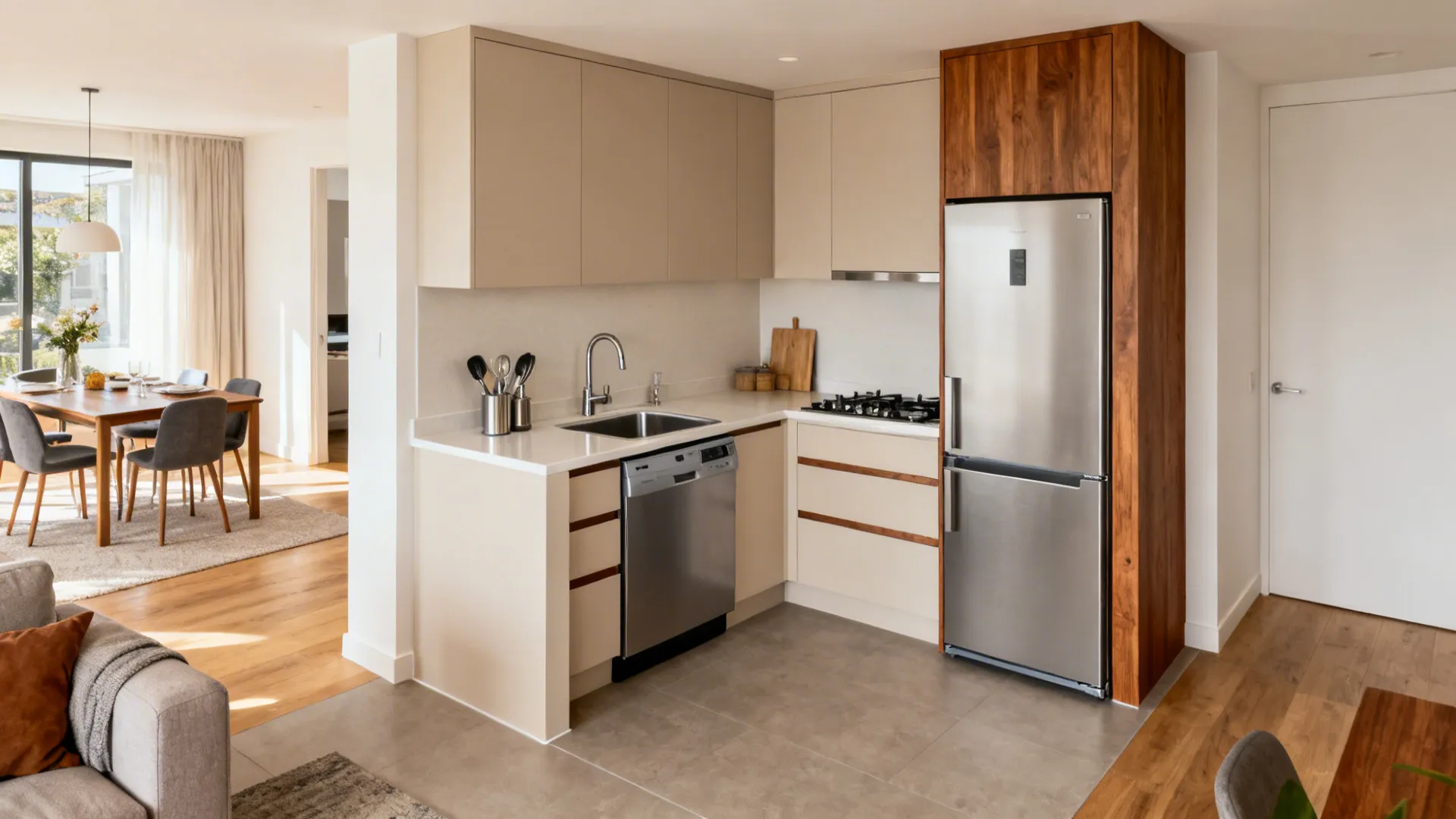 Compact L-shaped kitchen with efficient work triangle and open circulation in a small living area.