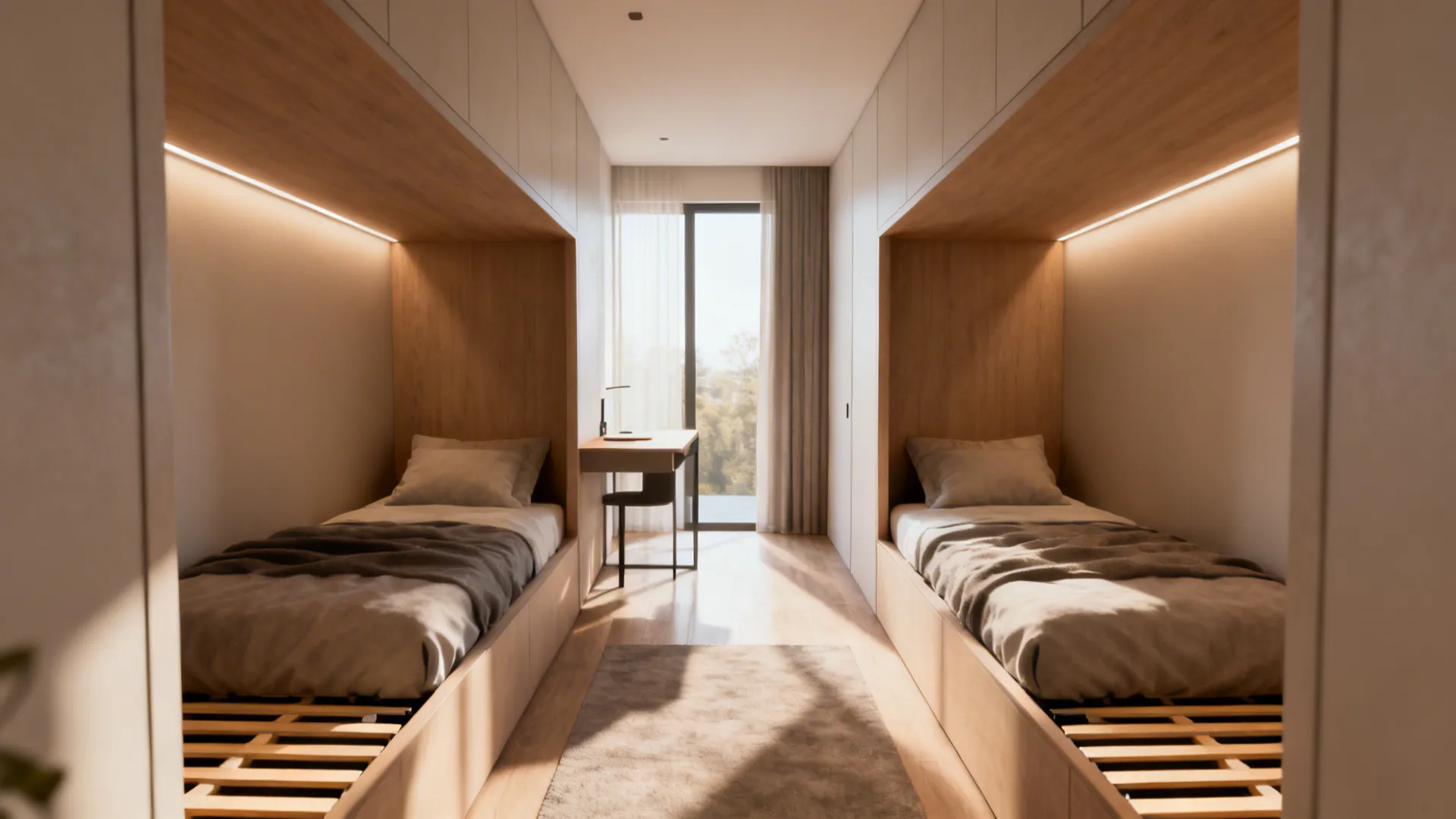 Small room with L-shaped twin bed arrangement creating two cozy corner nooks