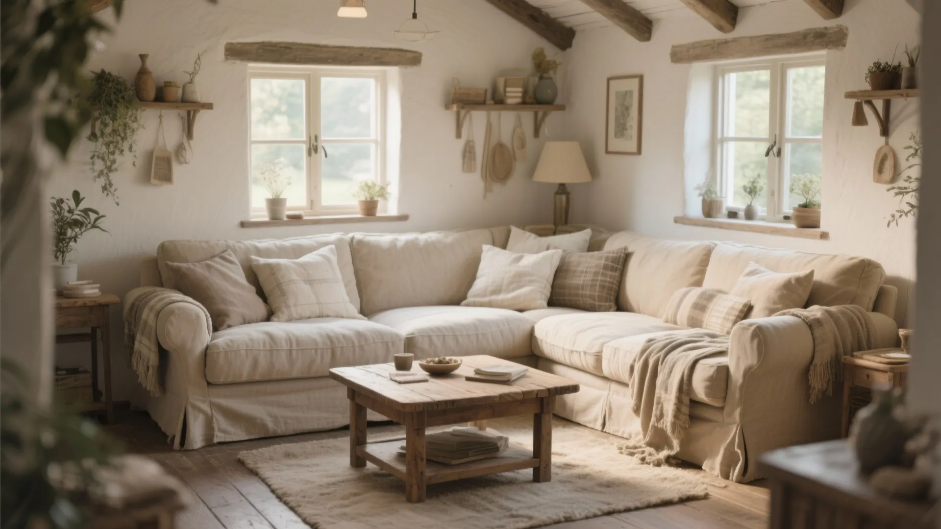 Natural living room interior featuring a large beige sofa and a small wooden coffee table